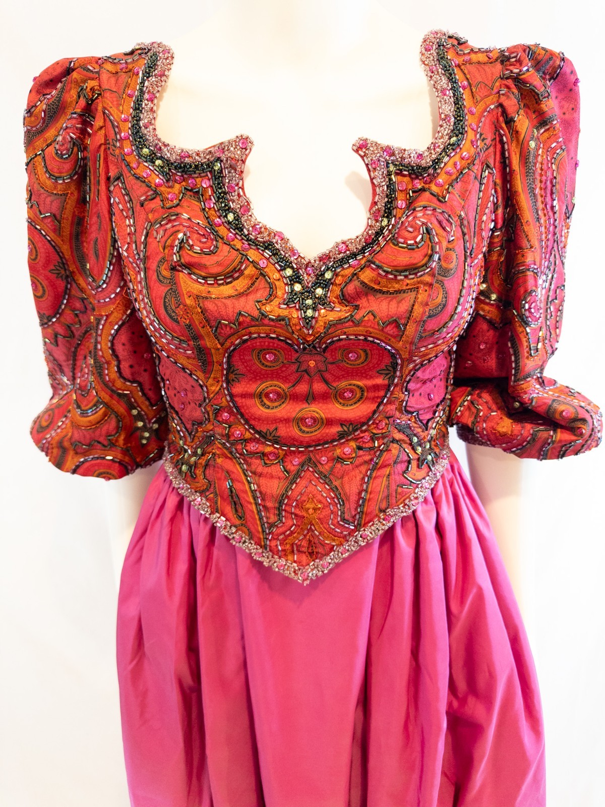 Vintage 1980s Ruben Panis Magenta Satin Taffeta Beaded Paisley Bodice Gown