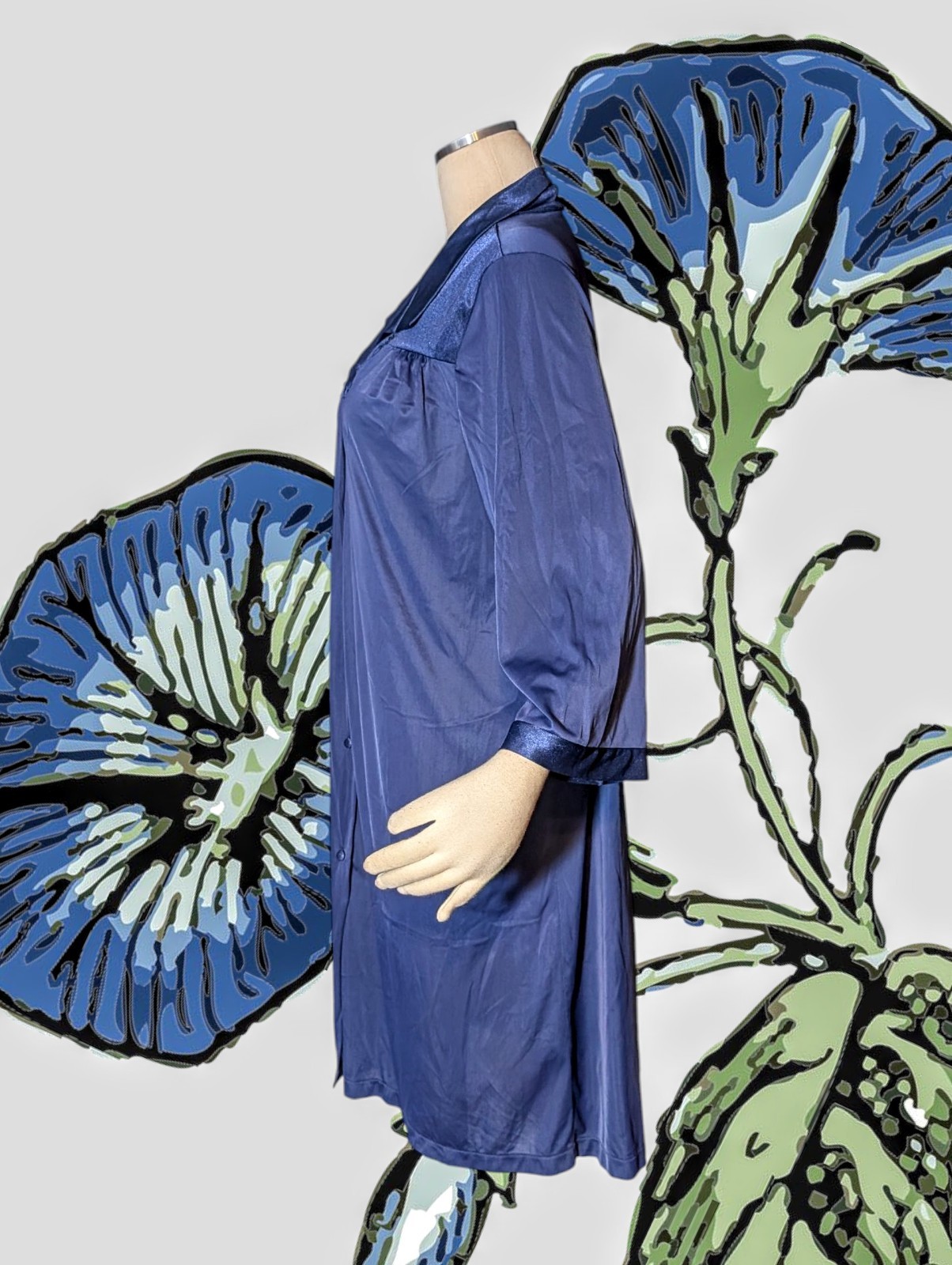 SOFT MOMENTS Blue Floral EMBROIDERED Nightgown 100% NYLON Button Up Womens Large