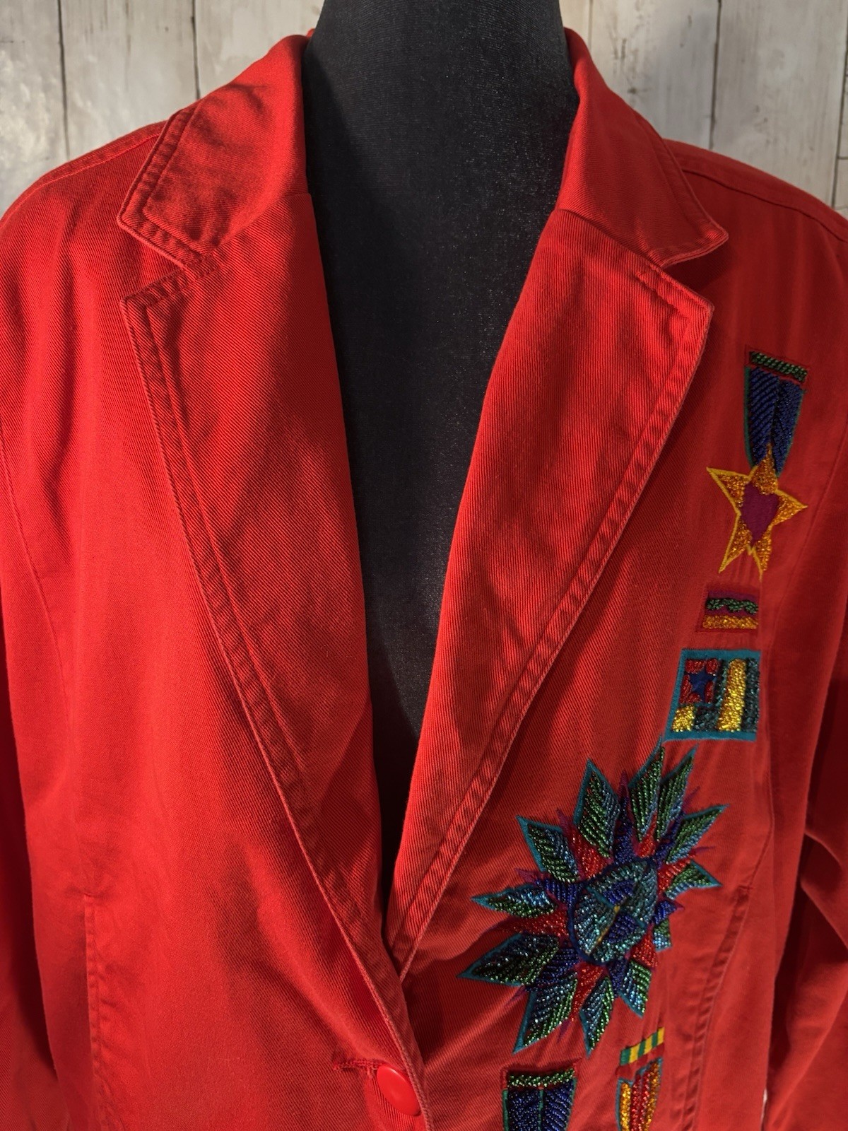 Vtg 90s Jacket Embroidered Heavily Beaded Military Style Medals SZ 6 Maximalist