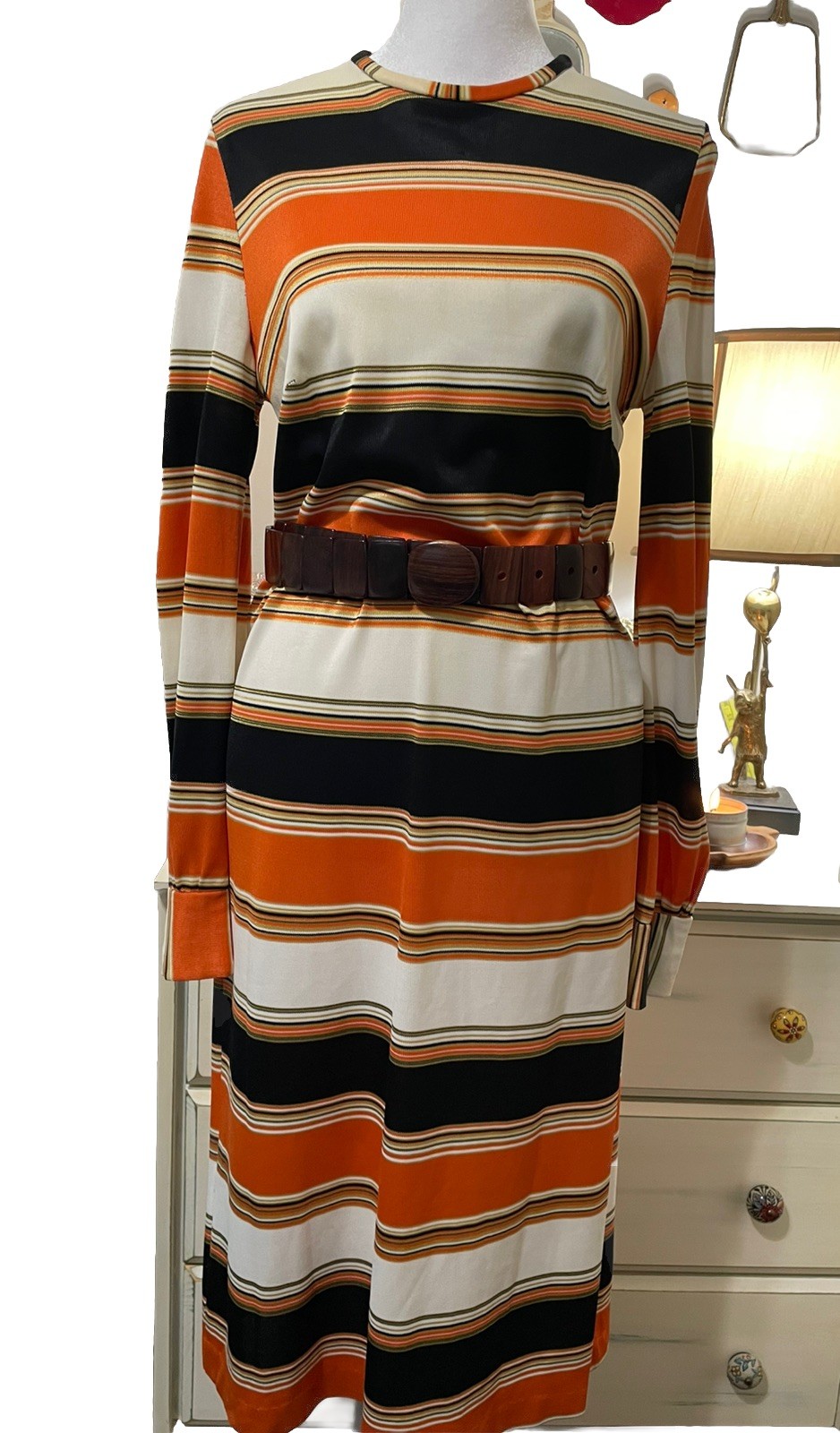 Hand Sewn Vtg 70s Midi Dress Orange Brown Yellow Sm/6 Long Sleeve Back Zipper **
