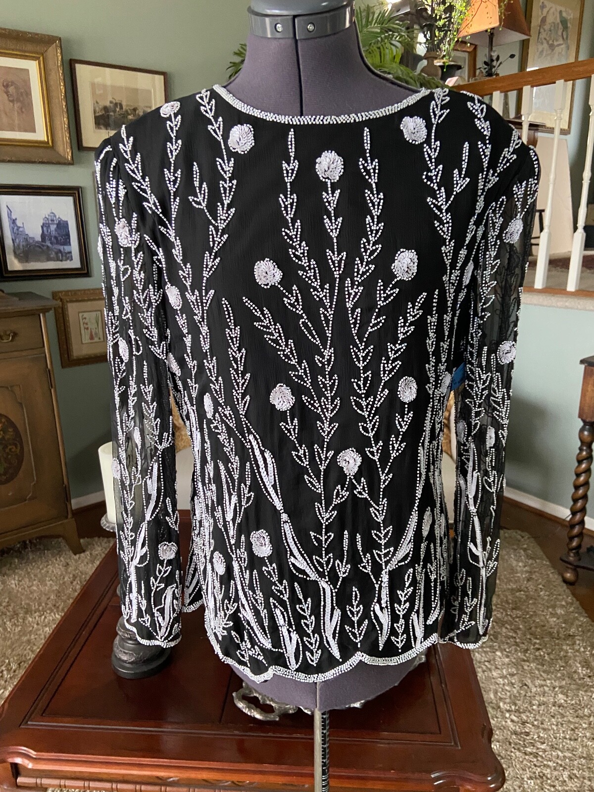 Vtg STENAY Black Pearl Silk Beaded Evening Cocktail Top XL 44″ Bust