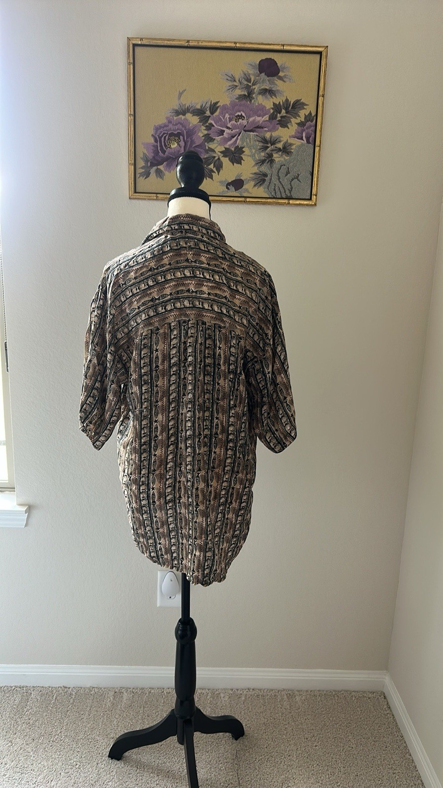 Vintage 90s Black and Brown Print Menswear Real Silk Button-Down Shirt Size S