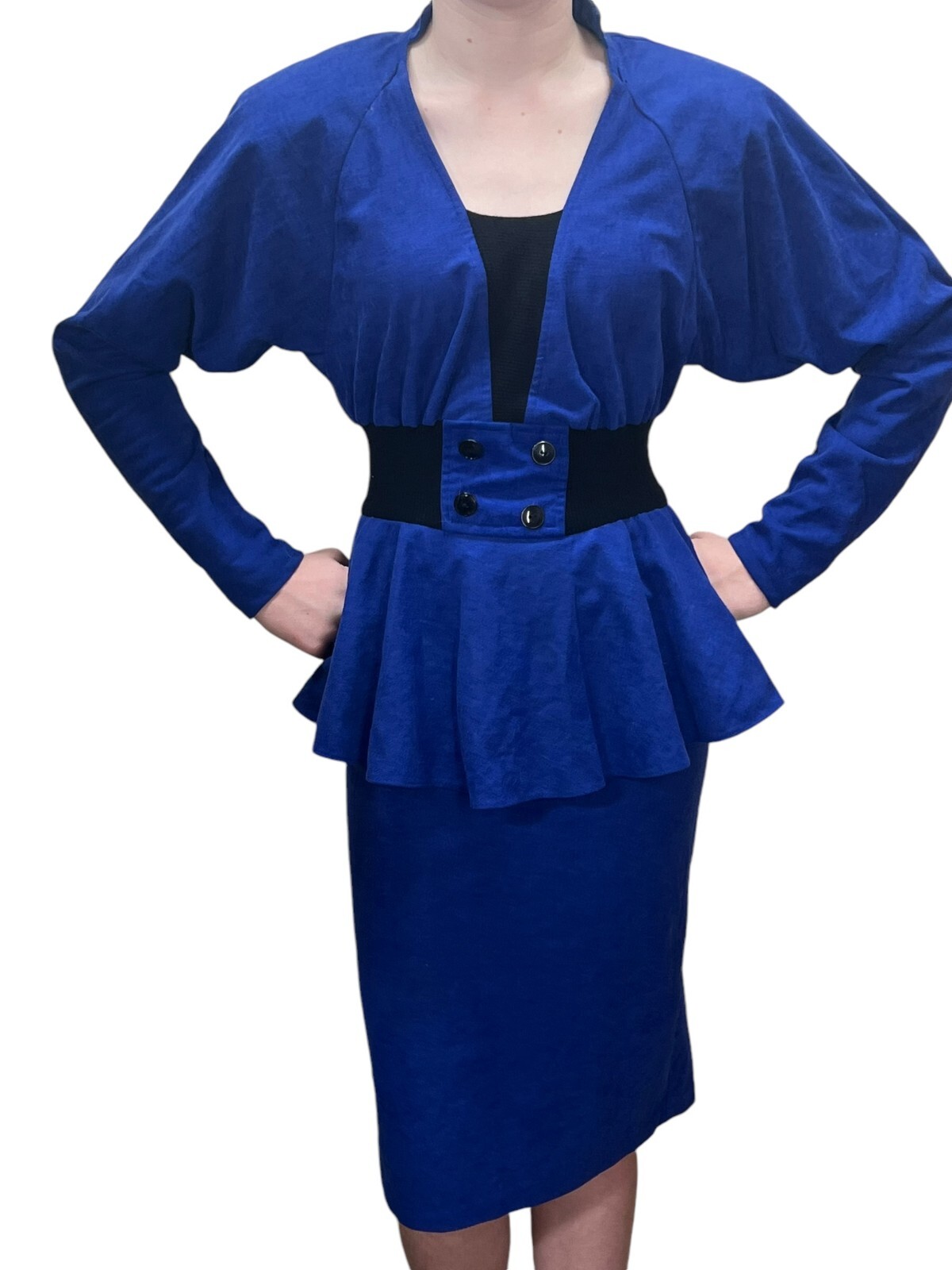 XS~S Vtg 80s Sz 3/4 Blue Velour Dress Peplum Pencil Skirt Dolman Sleeve T Junior