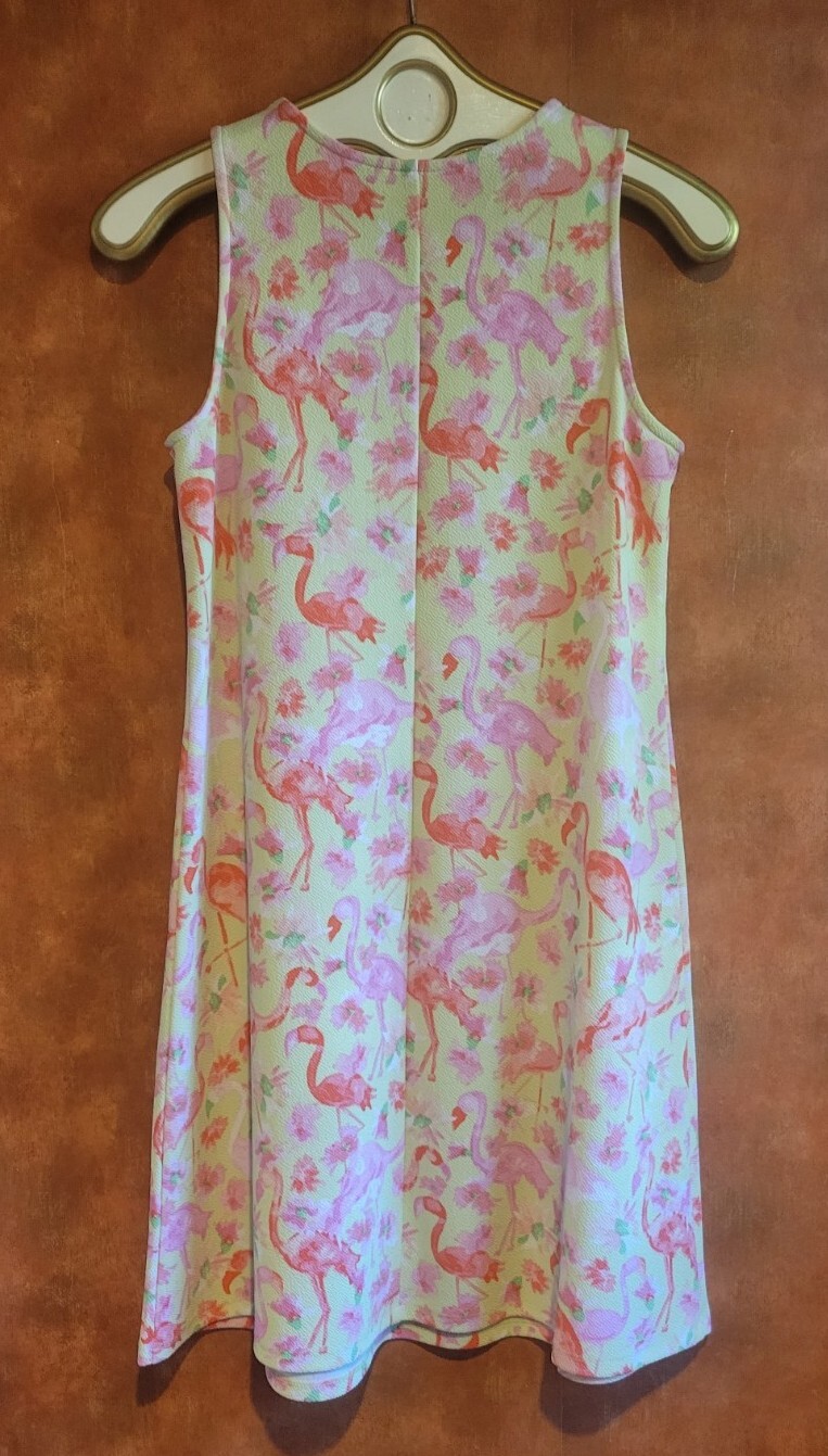 Vintage Cappagallo Pink Flamingo Yellow Swing Dress S Floridian Sundress