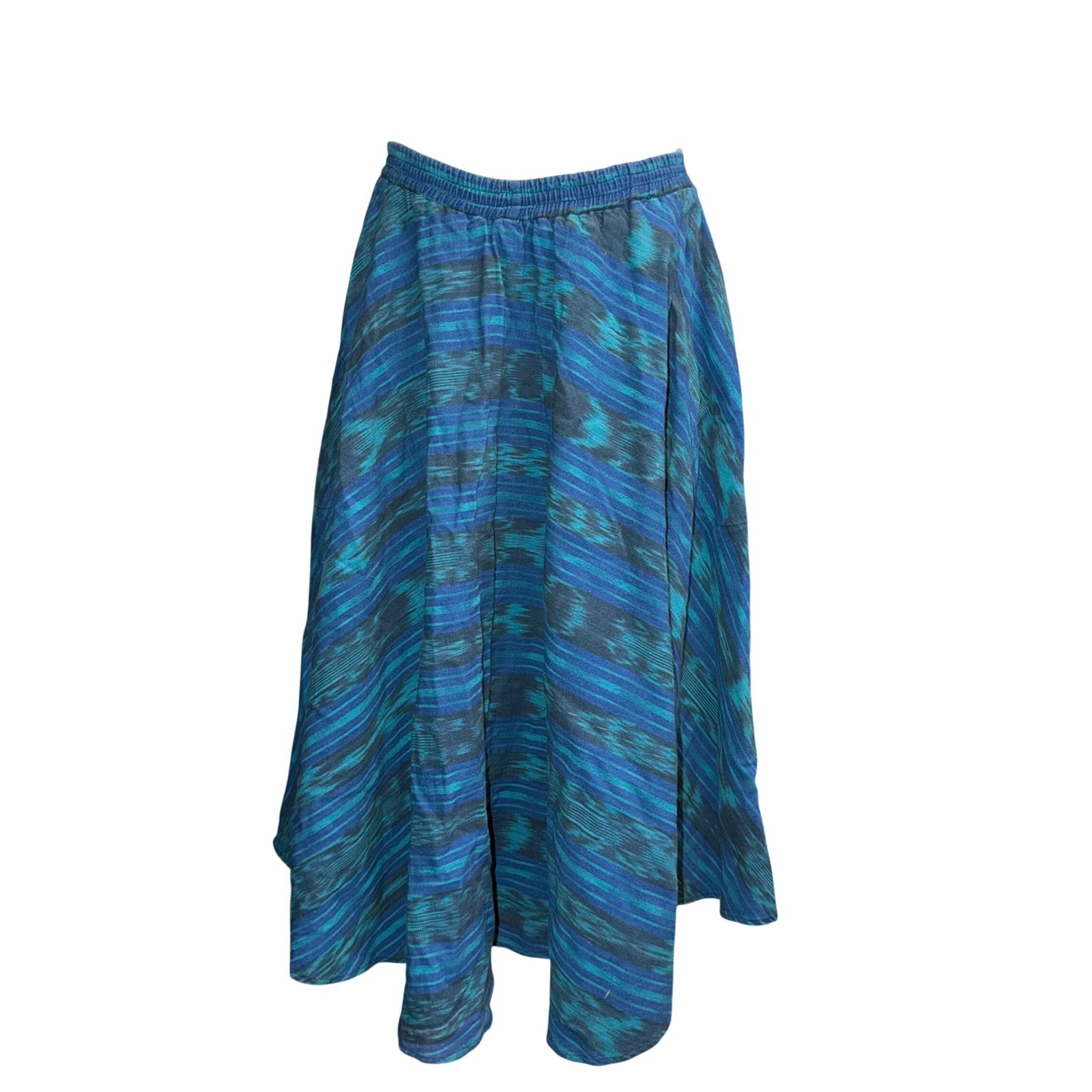 Vintage Curtis Porter Guatemala Cotton Ikat Stripe Midi Skirt Blue Teal Woven