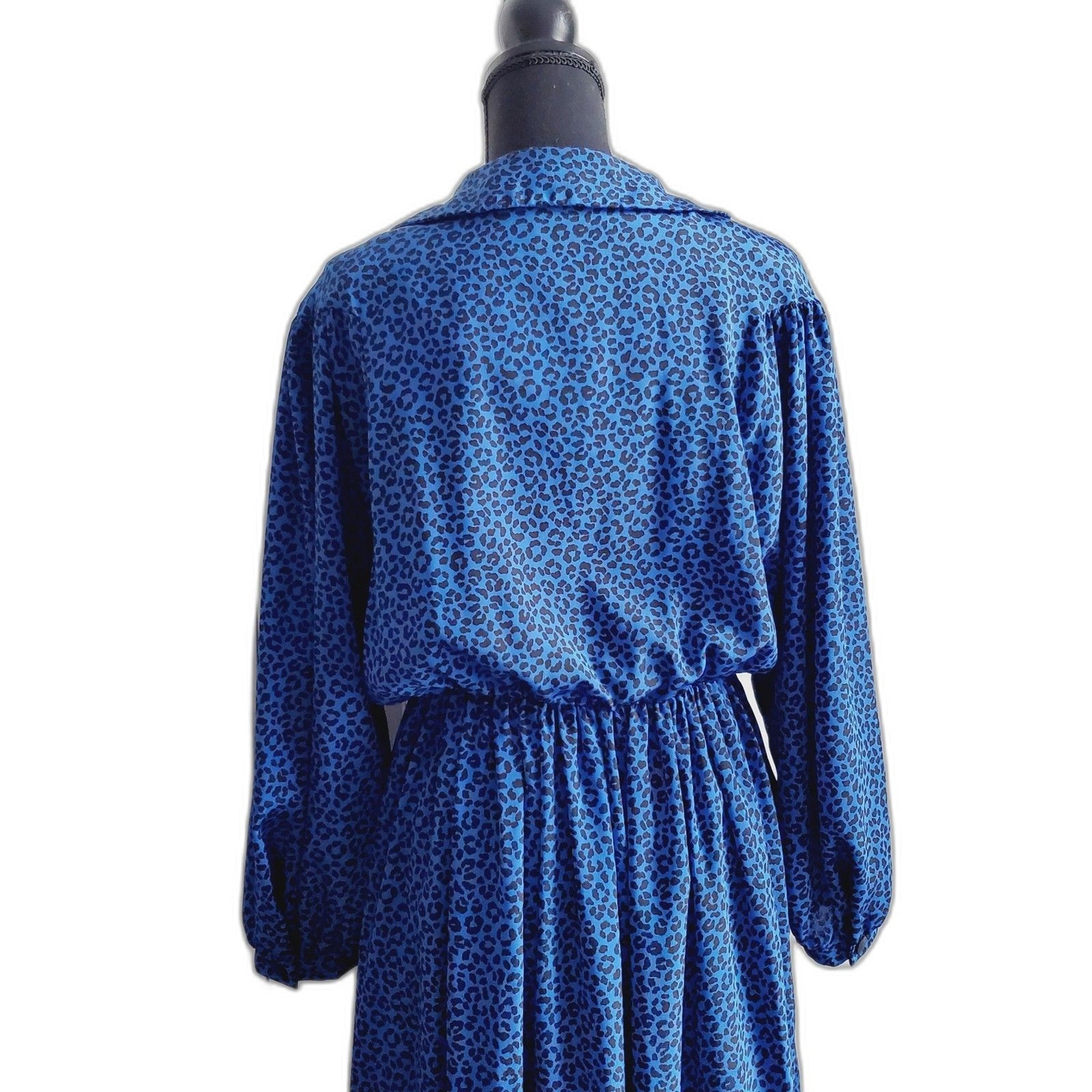 Vintage Tribute Blue Animal Print Dress Elastic Waist Long Sleeve Size M GUC