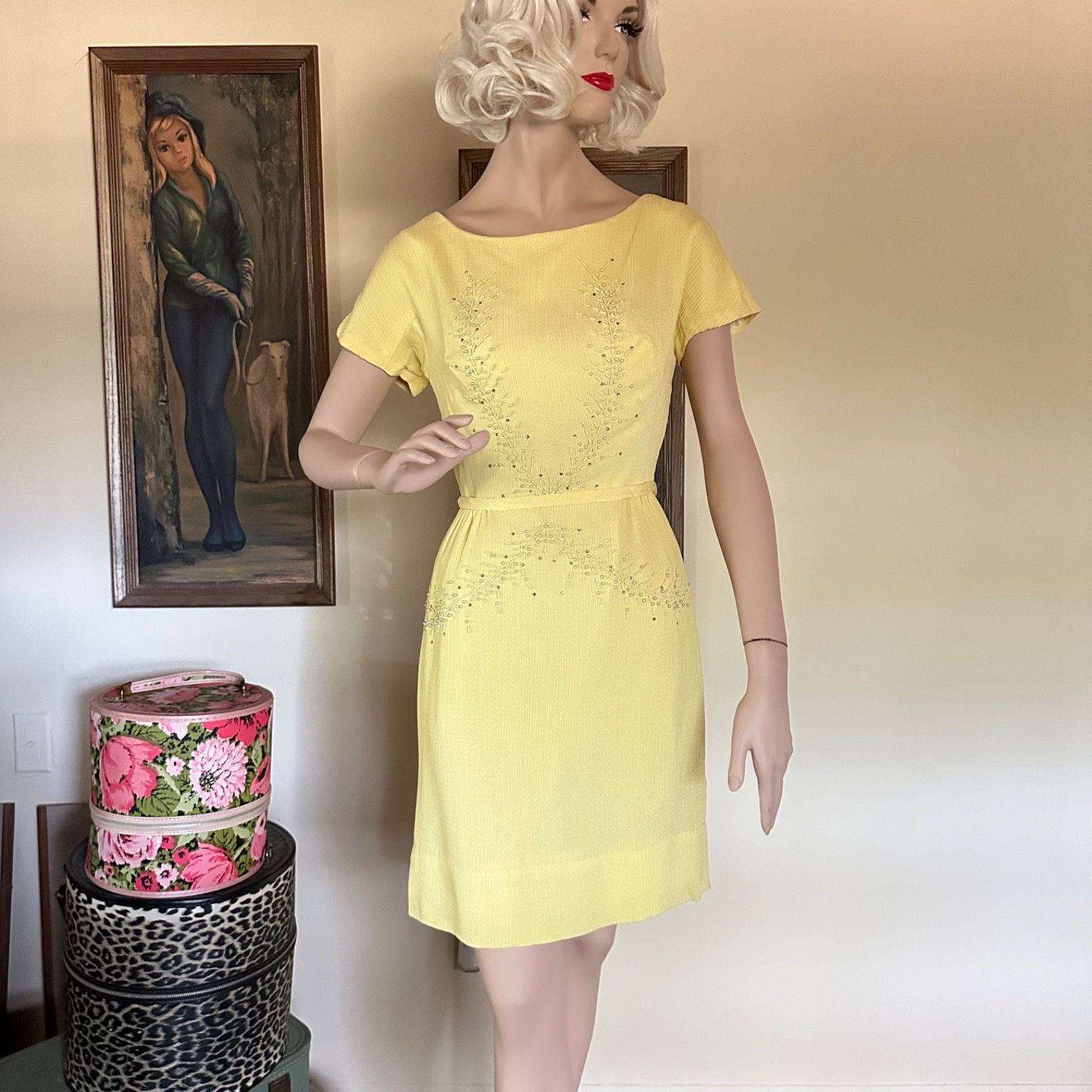 Vintage 1950s Pin-up Rhinestone Beaded Cocktail Wiggle Dress *Wounded S