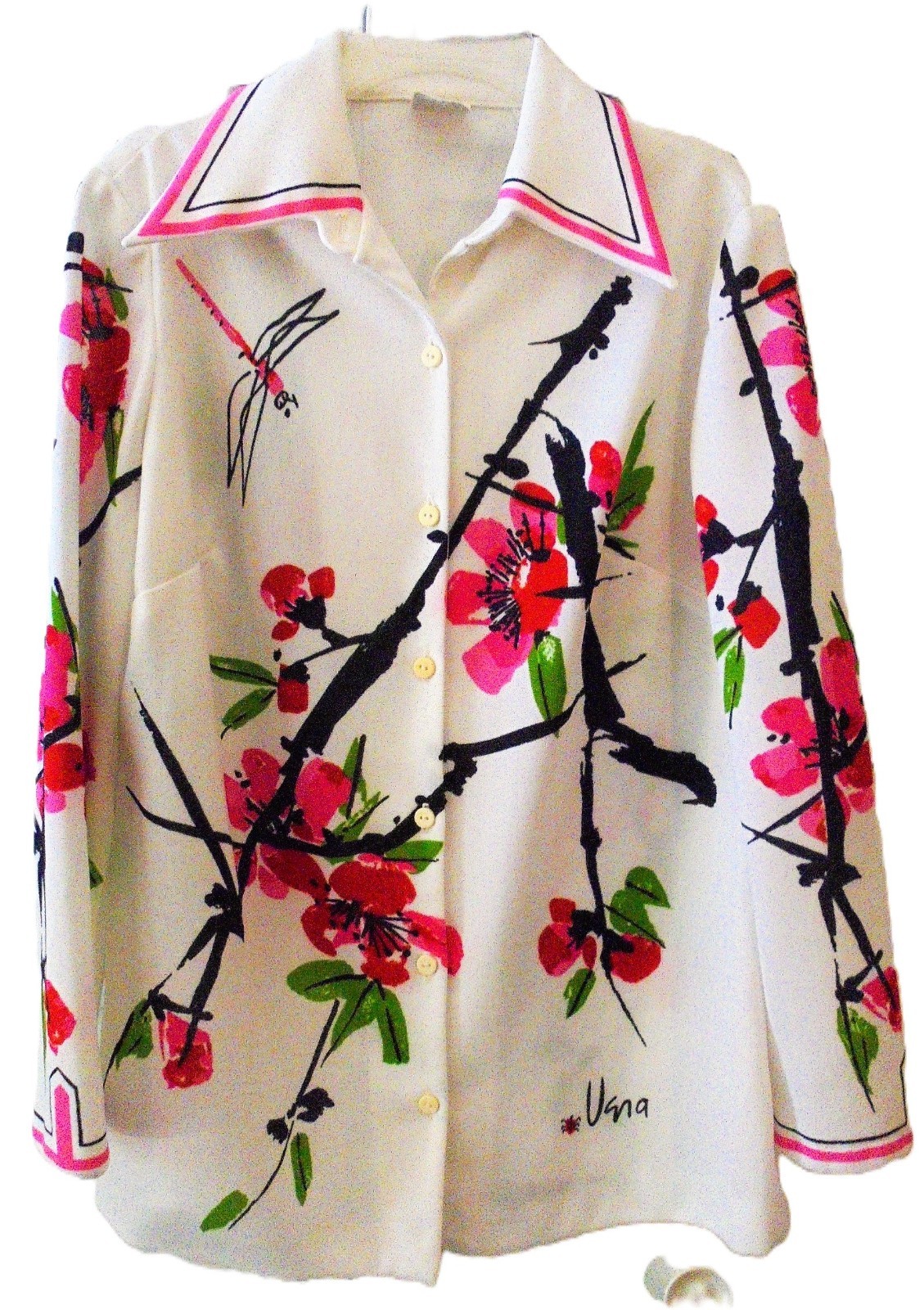 1970s VERA Neumann Cherry Blossom & Dragonfly Print Top Pink White Green Red 16