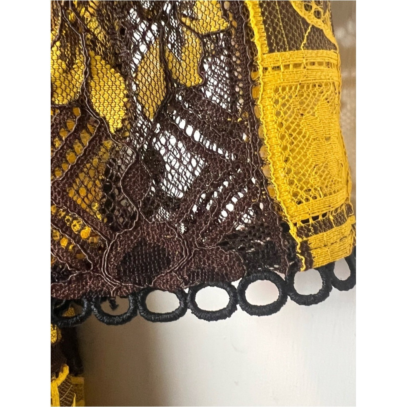 VTG 60s 70s Yellow Brown Lace Overlay Handkerchief Hem Midi Dress Sz S/M