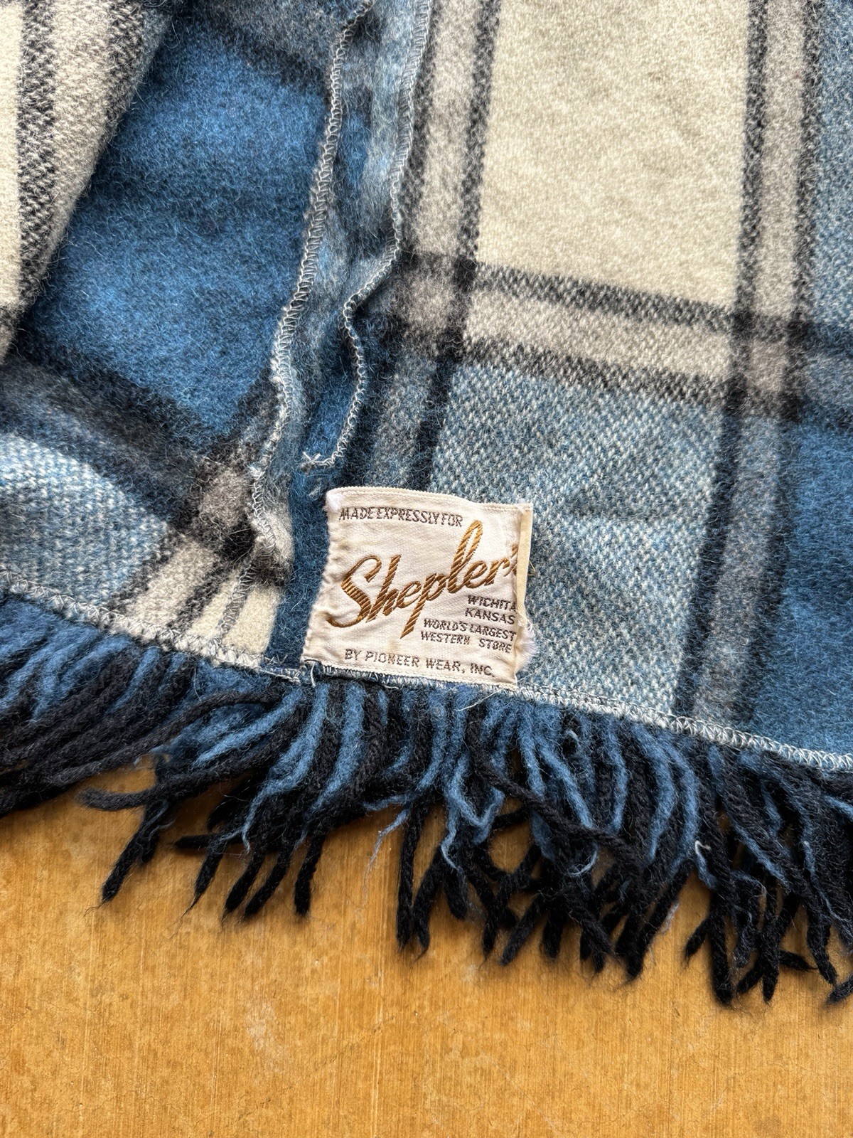 VTG 60s Pioneer Wear Side Zip Up Wool Poncho Scarf Plaid Blue Fringe Western M