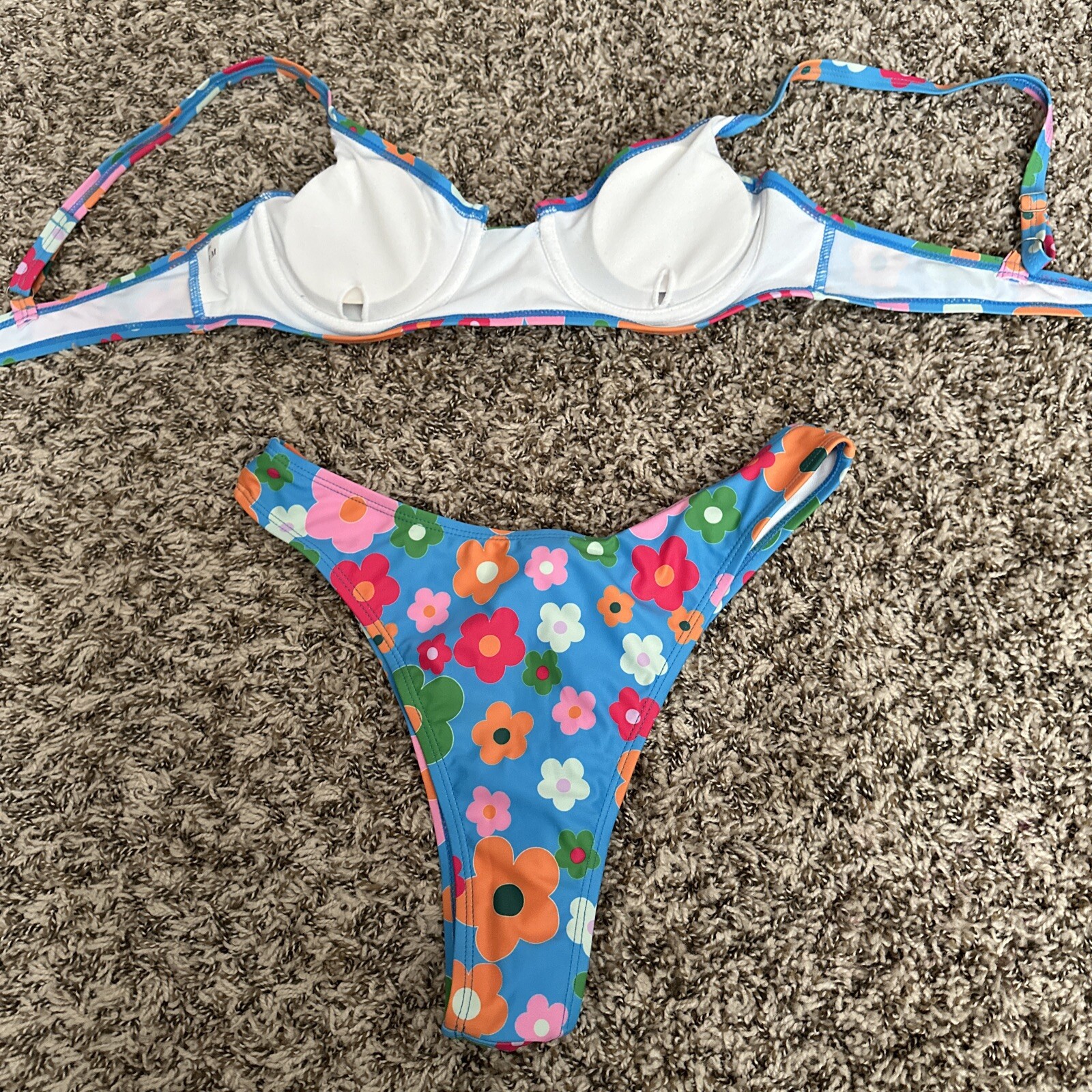 Vintage Style 60’s Women’s Bikini Blue Pink Orange Flowers Hippie High Waist M