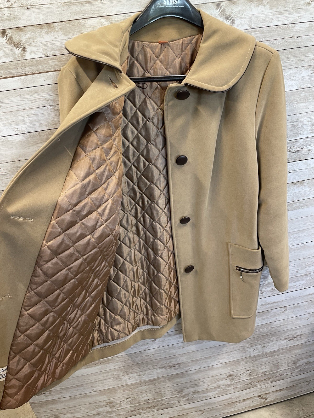Vintage 60s-70s Womens 18 Coat Mod Tan Faux Suede Peter Pan Collar A-Line USA