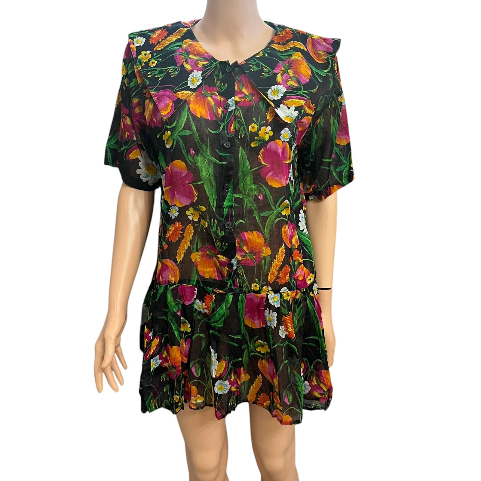 90s VTG Floral Mini Dress Medium Petite Button Peter Pan Collar Colorful Sheer