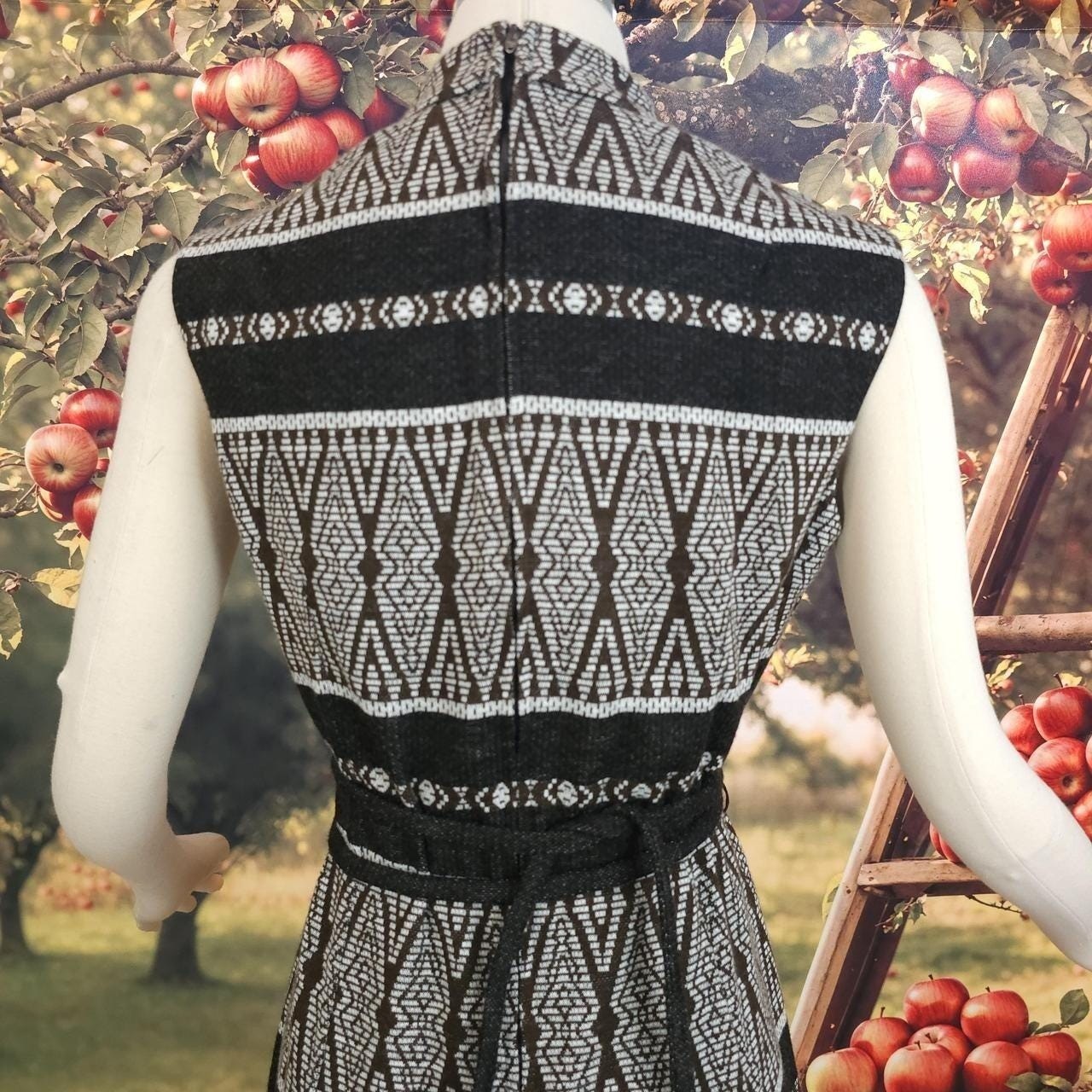 Brown Knit Black Sleevless Gown Mock Neck 1960s Vintage Nordic Sacony Dress