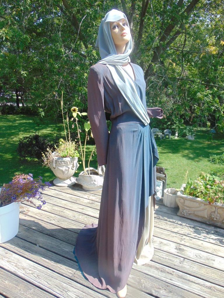 VTG 40s Martini Designed 2 Tone Gray Crepe Maxi Dress w Train & Scarf Hood as is