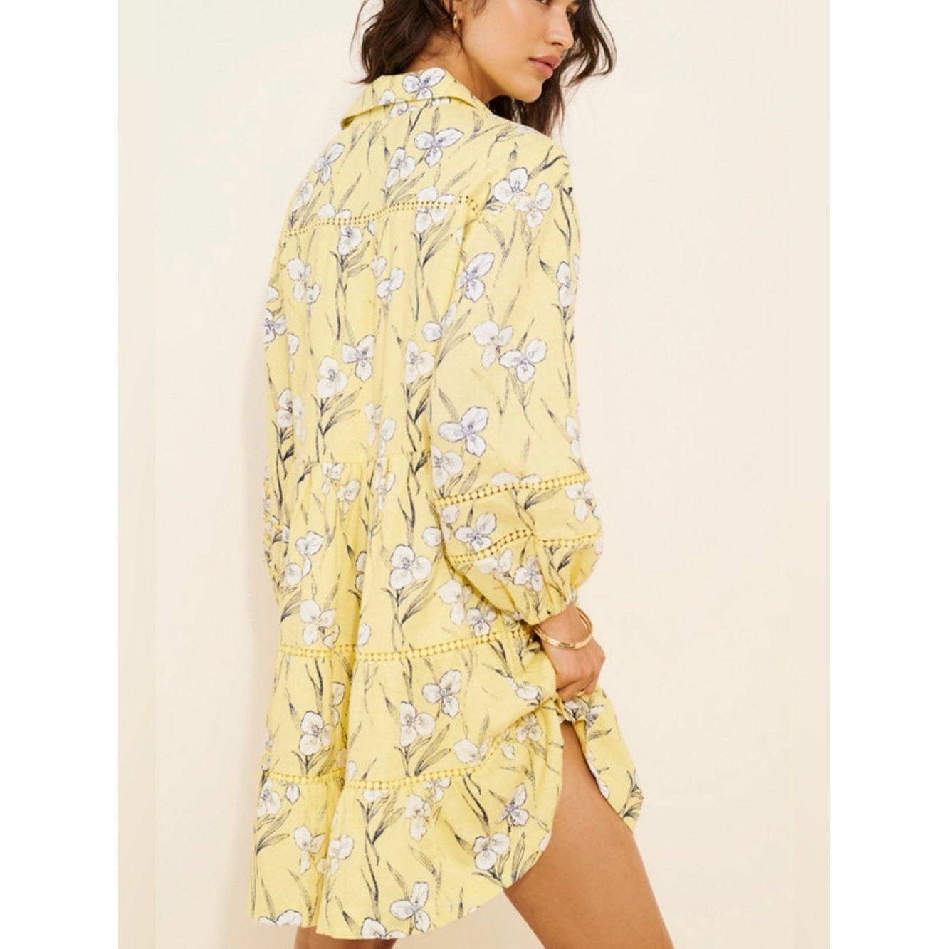 Anthropologie Maeve Bettina Mini Shirt Dress Linen Yellow Floral Size Small New