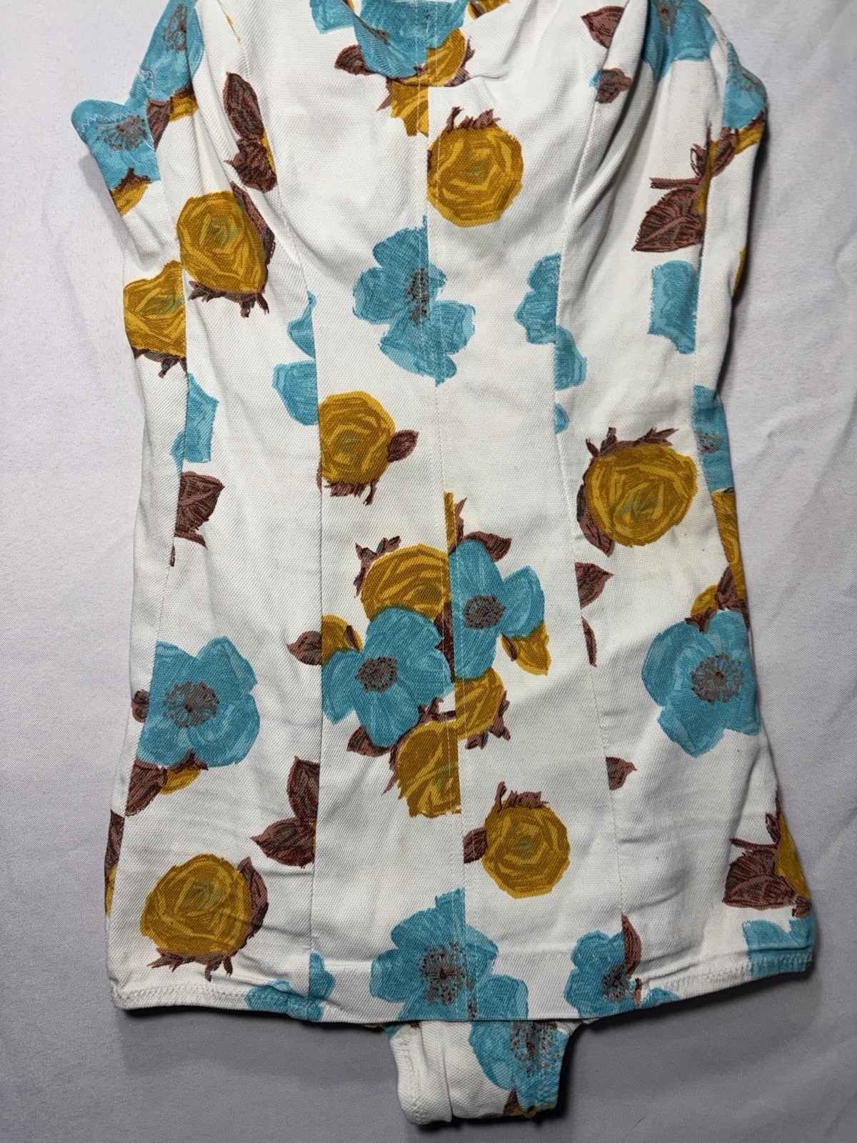 Vintage 1950s White Floral One Piece Swimsuit With Turquoise And Mustard Flowers