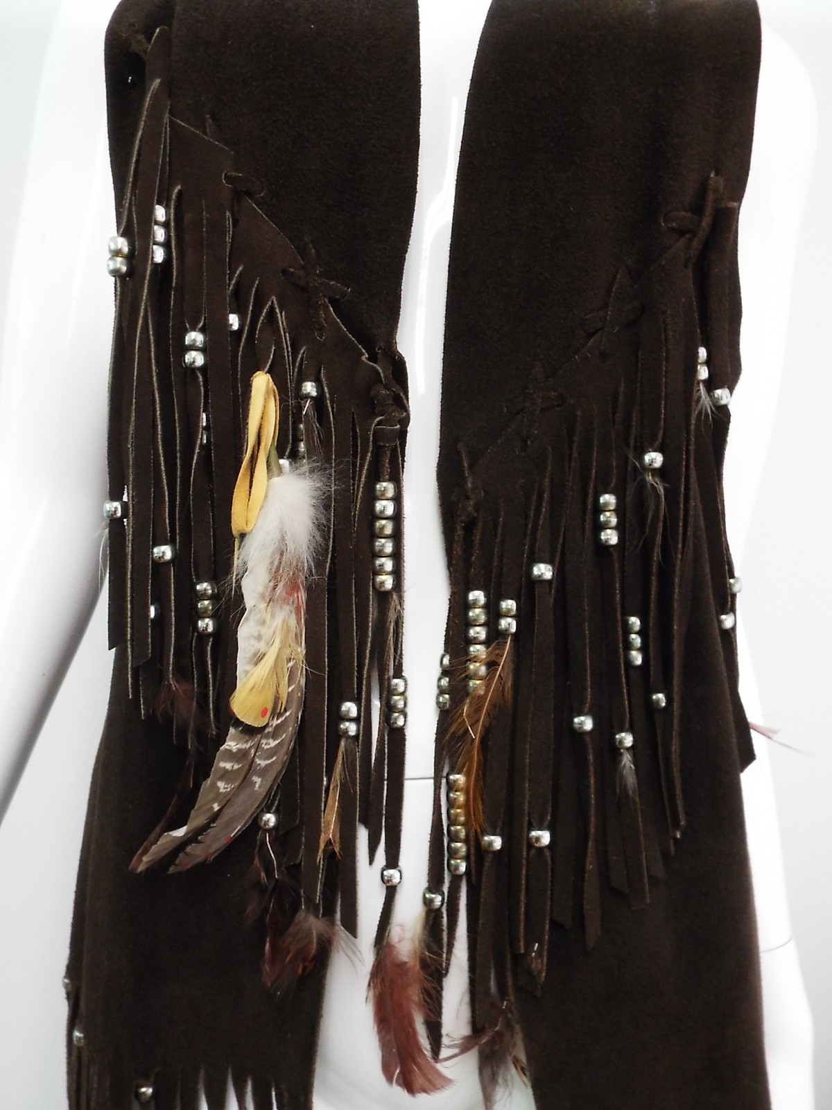 VTG 1970s Long Brown Suede Fringe Tunic Vest HIPPIE Feathers Beads Festival Boho