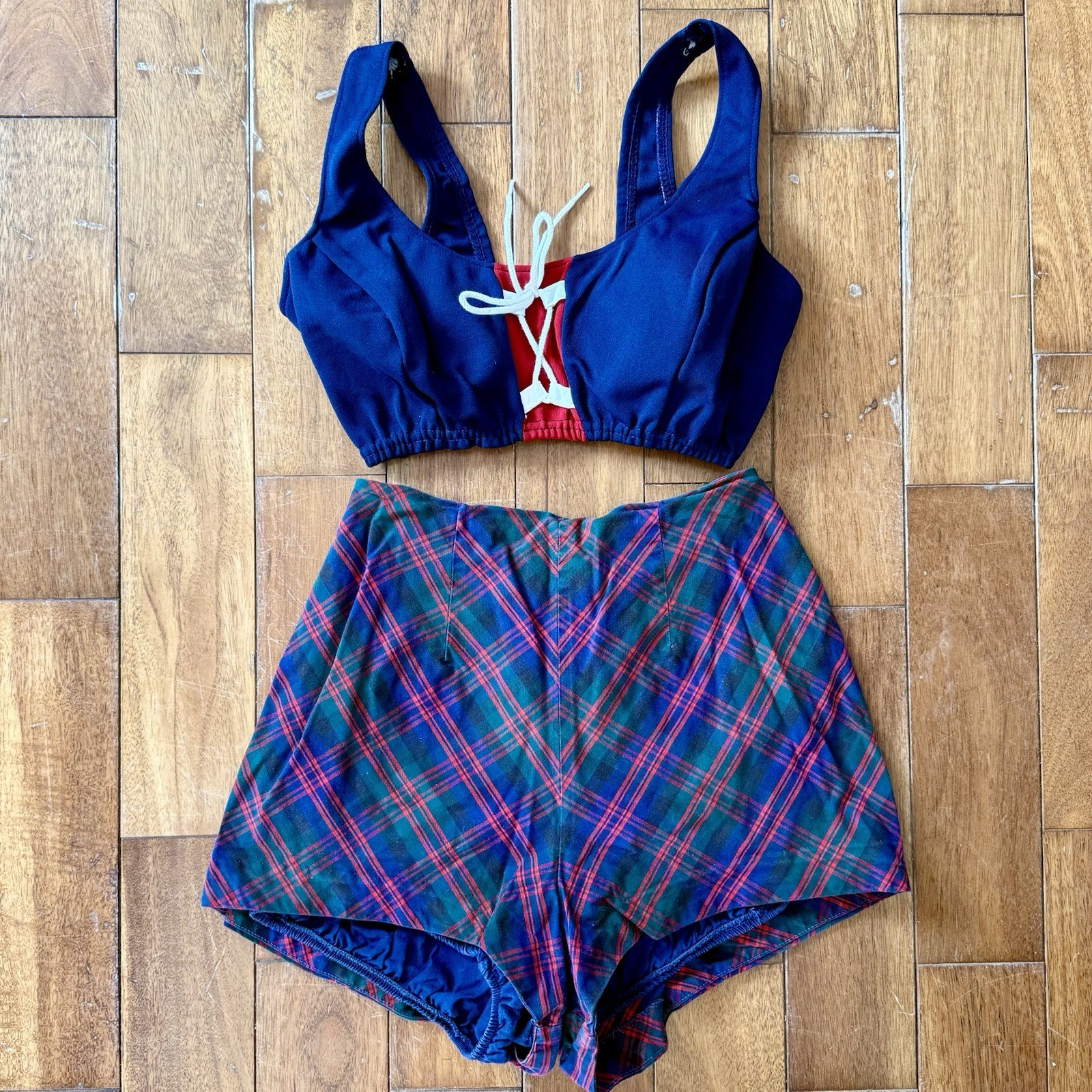 2pc VTG 60s MCM Sailor Bikini Plaid Swimsuit Boy Shorts ILGWU Union Made Sz S/M