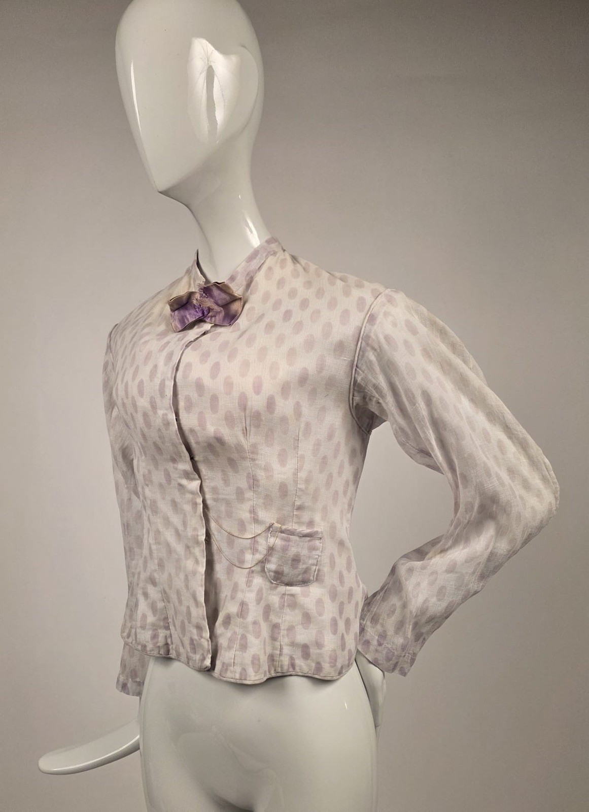 VICTORIAN 19TH C OVAL DOT MUSLIN BUSTLE BACK BODICE W WATCH POCKET