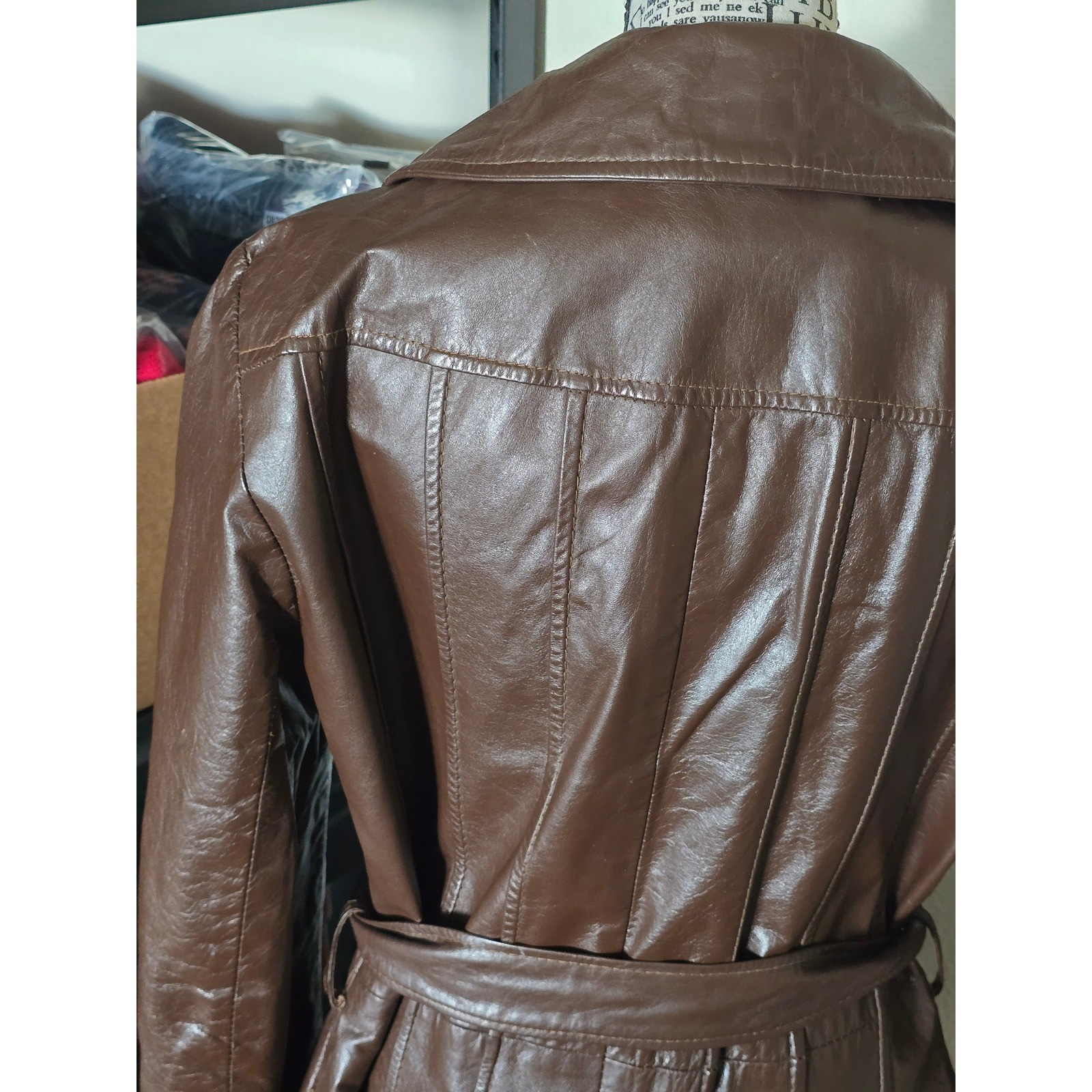 Vintage 70s Brown Leather Trench Coat Long Belted Womens 14 Junior Gallery Retro