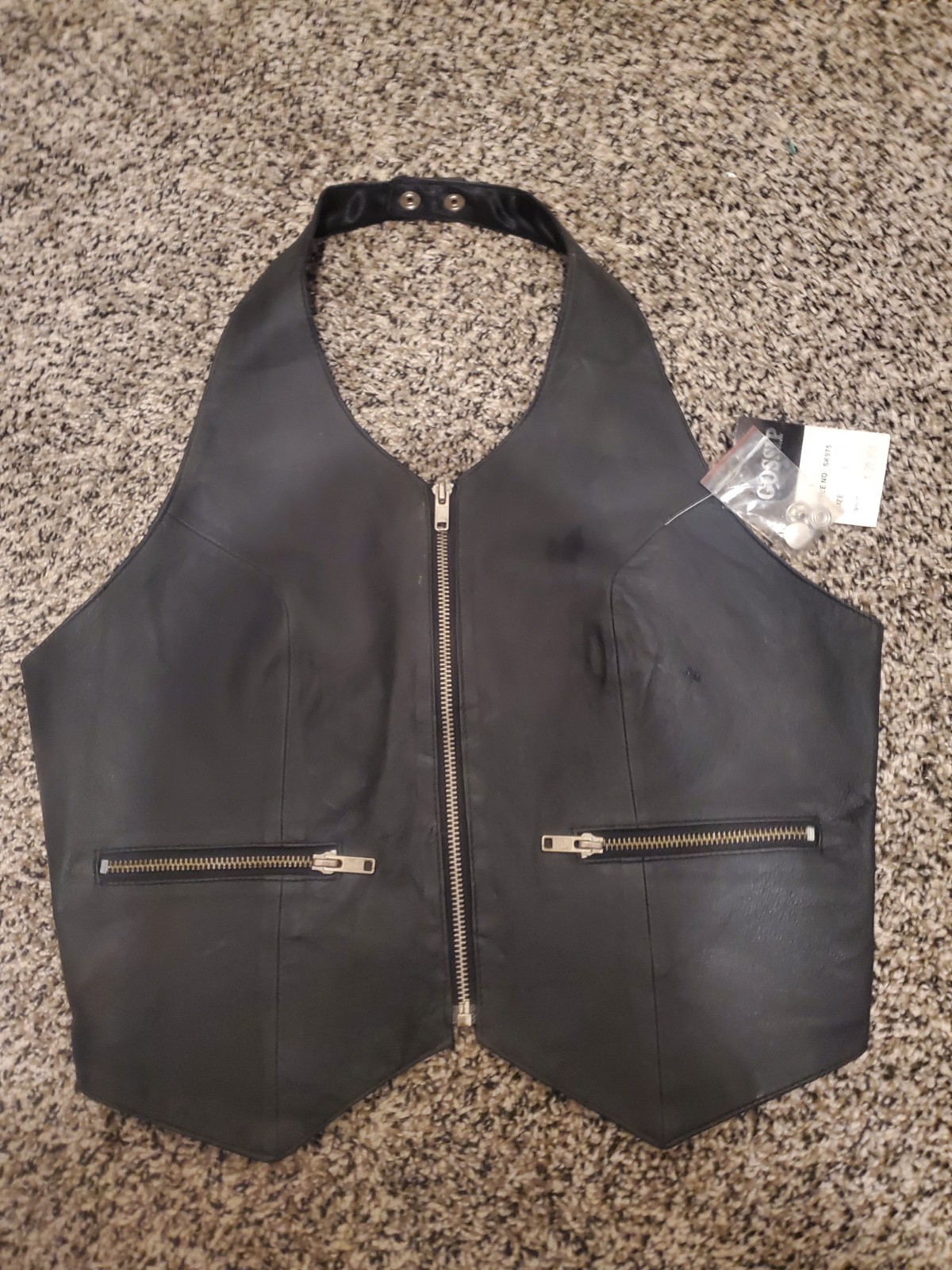 Women’s „Gossip” Black Genuine Leather Biker Halter Vest Top Zip Front Sz Large