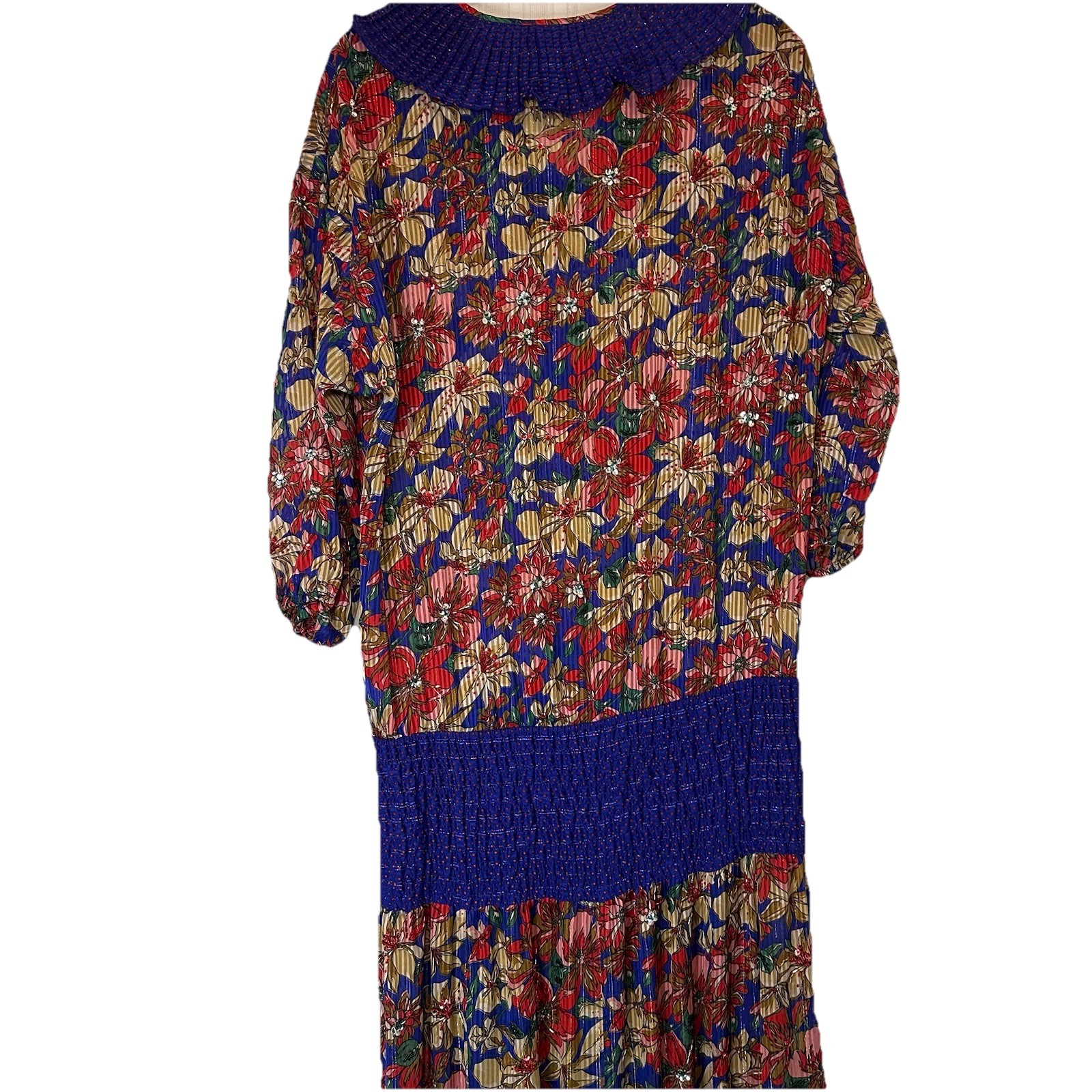 Diane Freis Drop Waist Dress XL Vintage Long Maxi Beaded Floral Ruffle Neckline