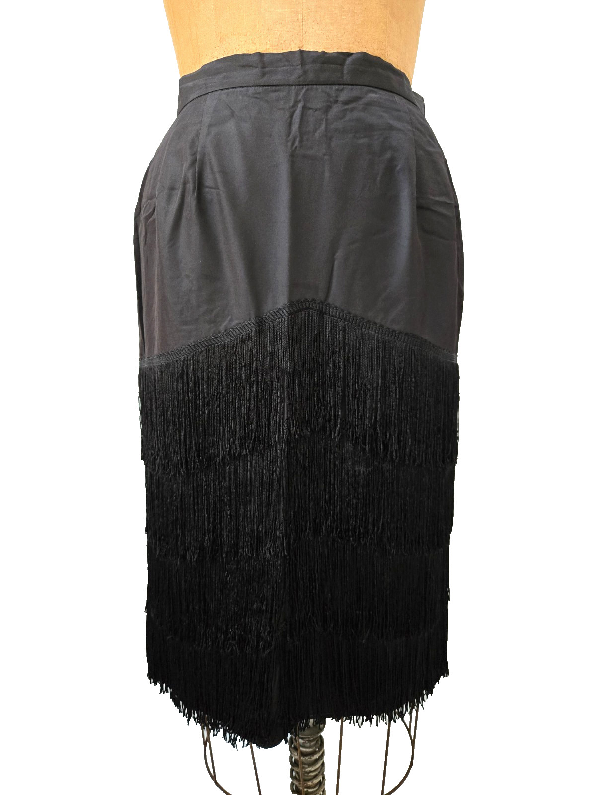 Vtg 80s Black Pencil Skirt Layered Fringe New Wave Retro Club Rockabilly Pinup 8