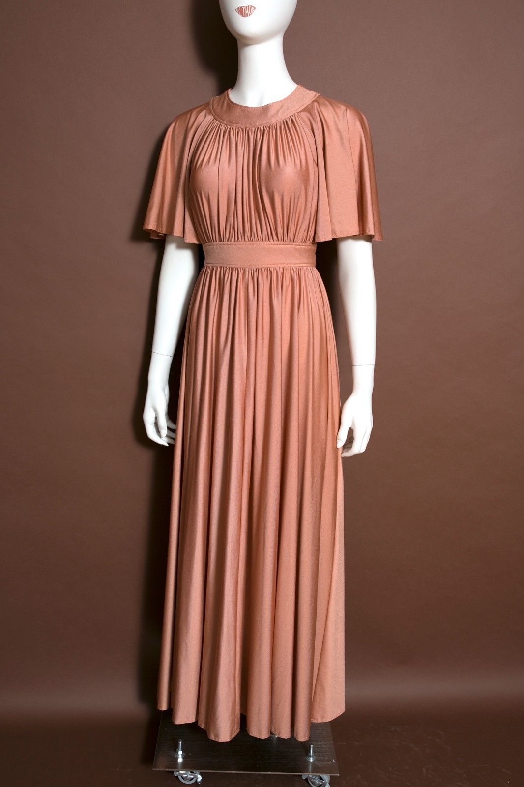 Gorgeous Vintage 70s Nude Cocoa Blush Draped Maxi Dress with Full Skirt