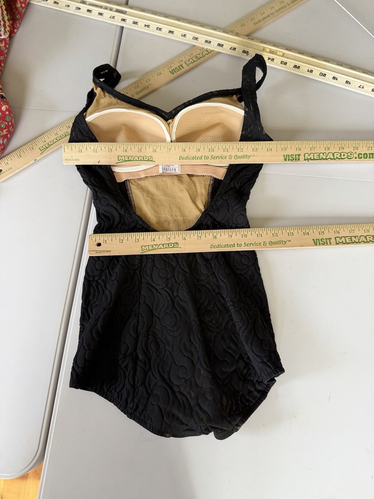 Vtg 60s Jantzen Pin Up Black Lace Bathing Suit 14 Runs Small Bullet Bra USA