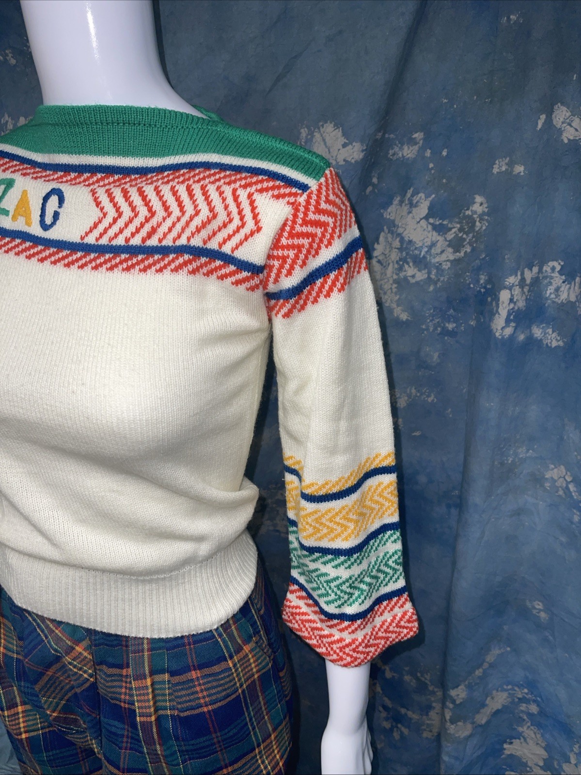 Vintage 1980s Juniors Women’s Girltown Zig Zag Acrylic Sweater 3/4 Sleeve S/M