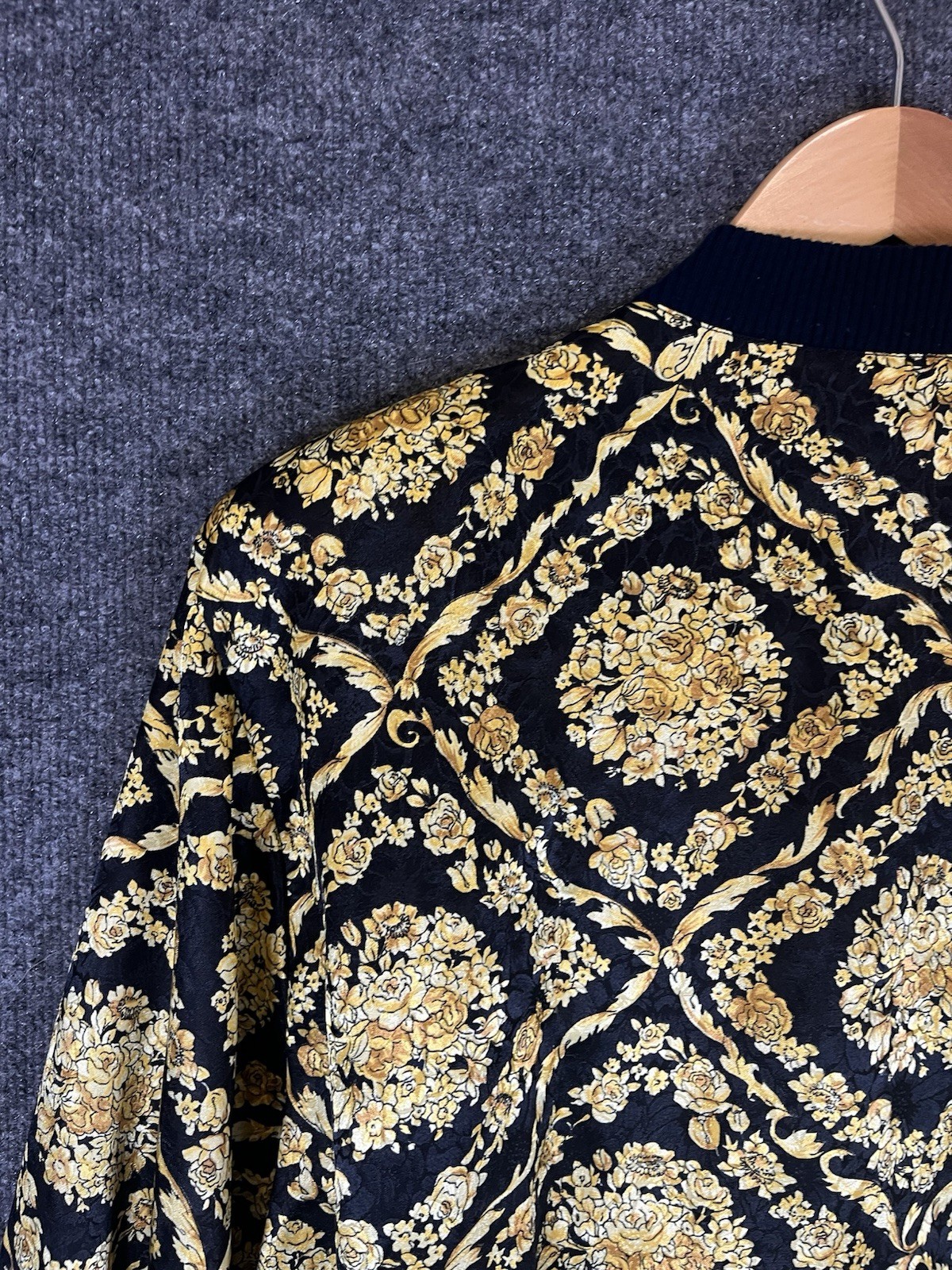 Vintage 80s 90s Papell Too Baroque Gold Floral Bomber Jacket Padded Shoulders
