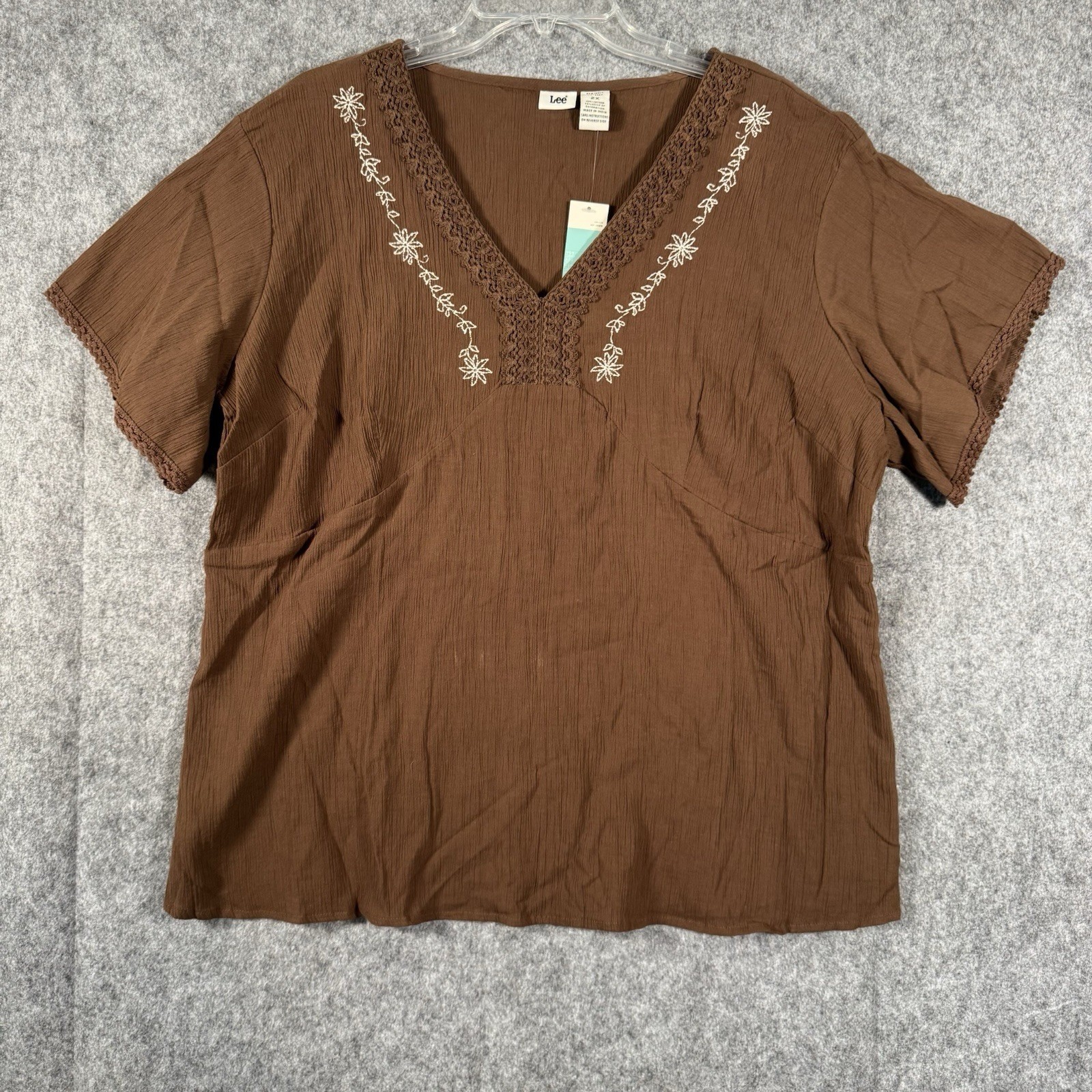 Y2K Vintage Lee Babydoll Top 2X Brown Gauze Peasant Forest Fairy Embroidered
