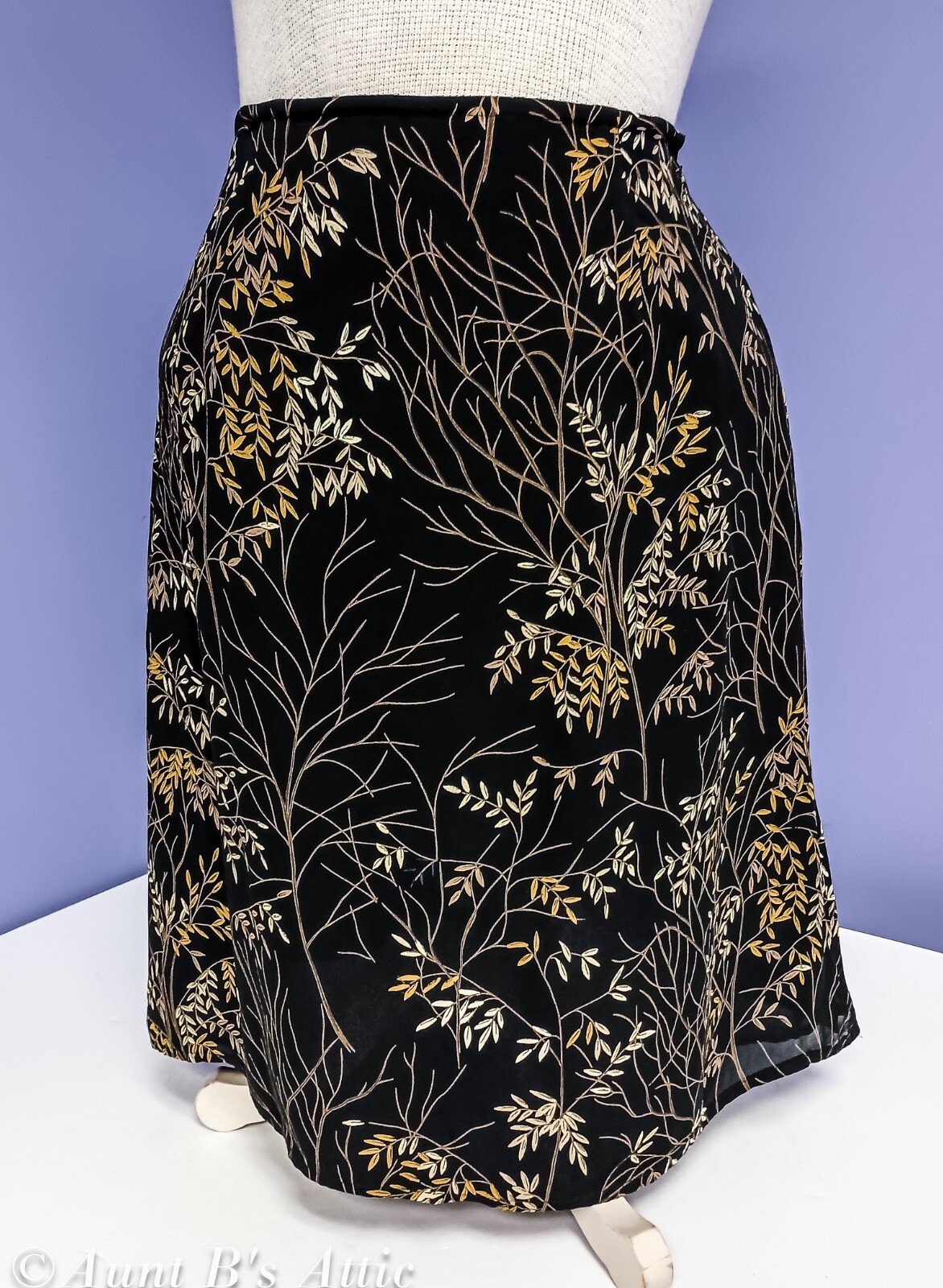 Ann Taylor Ladies Vtg Y2K Silk Black/Br Botanical Leaf Print Side Zip Skirt Lg