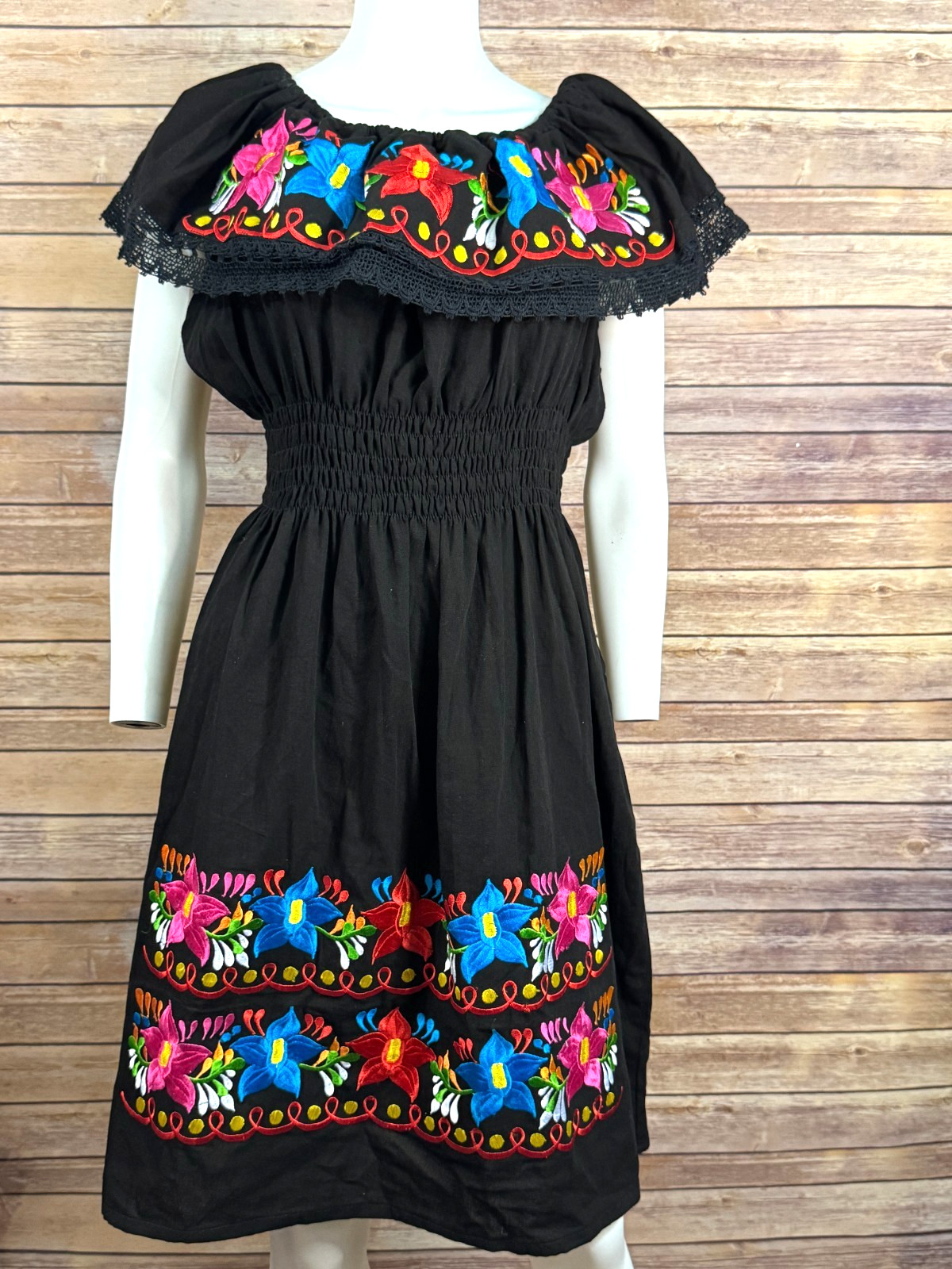 VTG 80s Hand Embroider Mexican Boho Peasant Dress Black Floral Off Shoulder L/XL