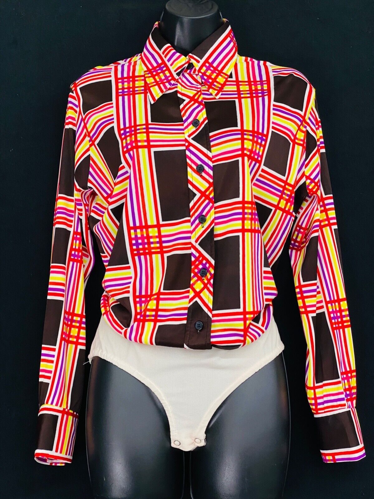 Vintage 1970s plaid bodysuit, pink red long sleeve blouse shirt top collar M L