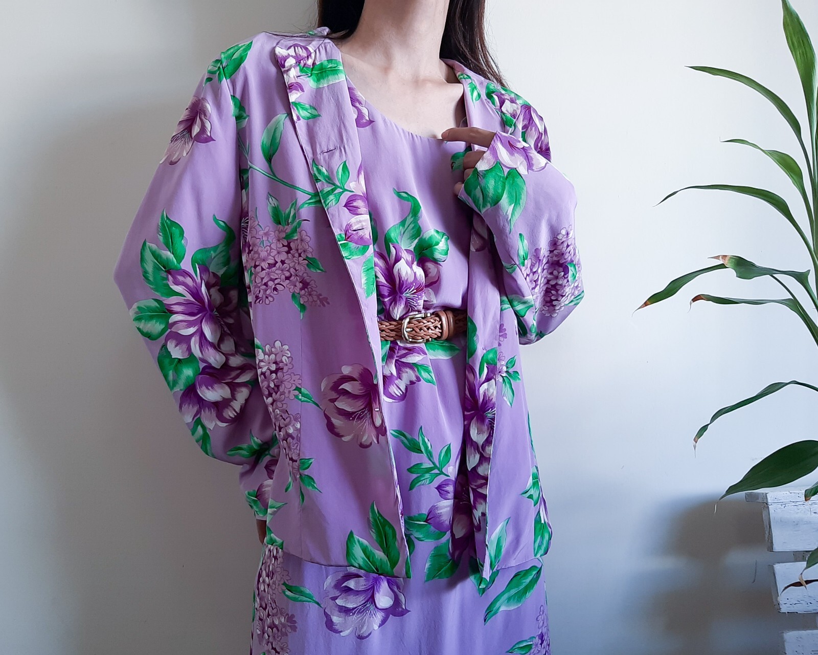 METRO STYLE Purple Floral 100% Silk Dress Jacket Set 2 Piece set Size 16 Size XL