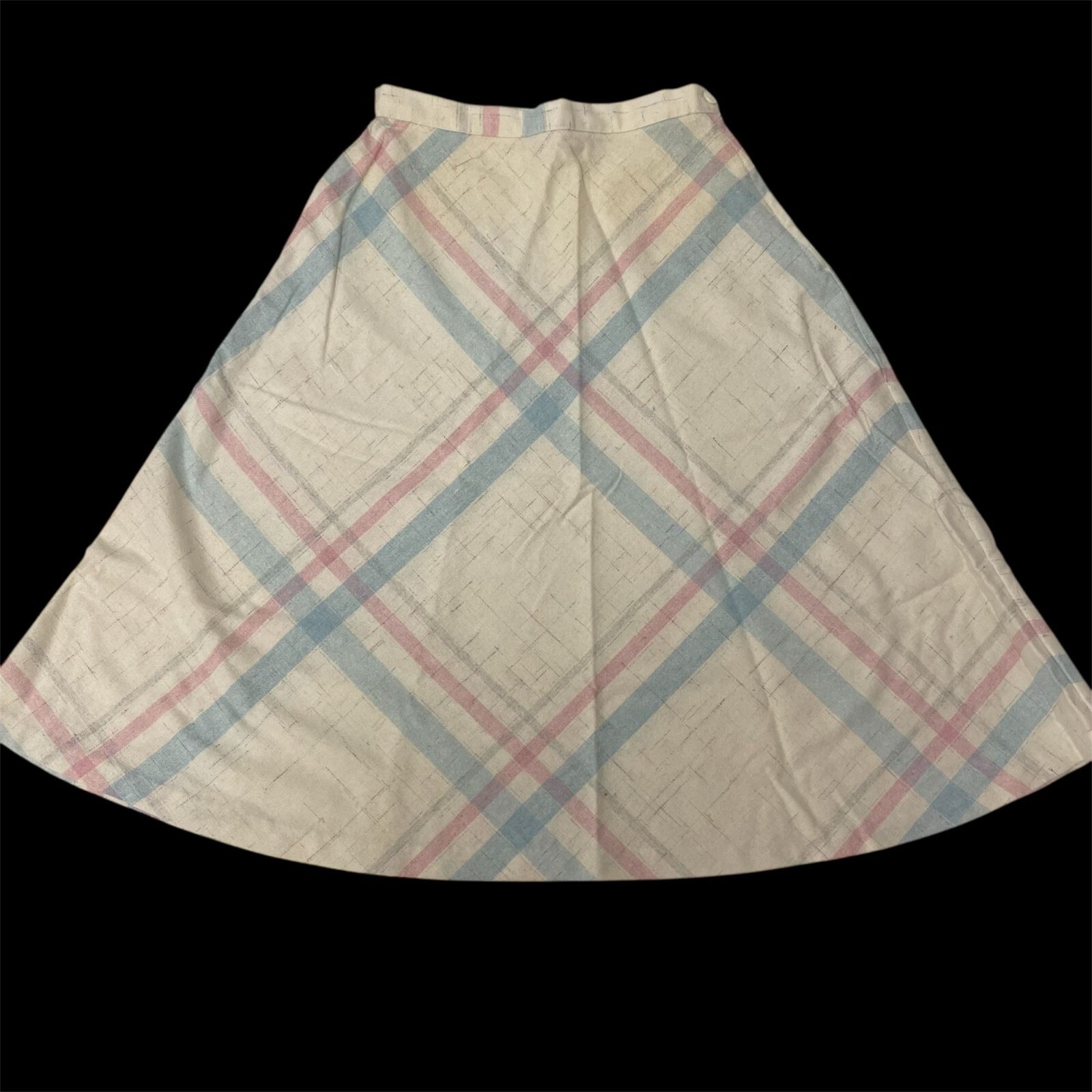 Vtg 60’s PASTEL Cream Blue Pink Plaid MIDI Wool Fleck A Line Flared Skirt 26 XS