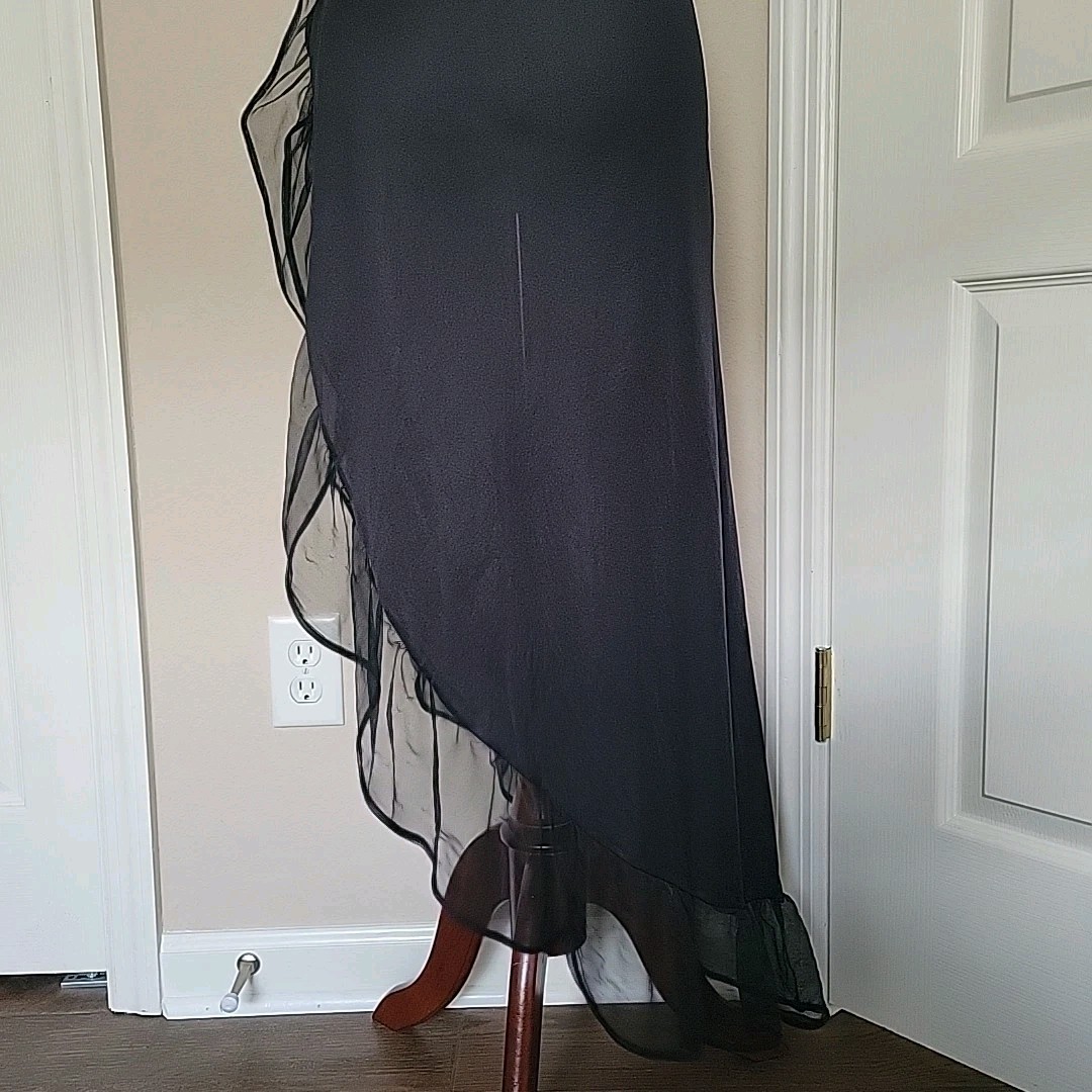 Vtg Lady Cameo Black Ruffle Slip Maxi Dress S Open Slit Lingerie 80s 90s Sheer