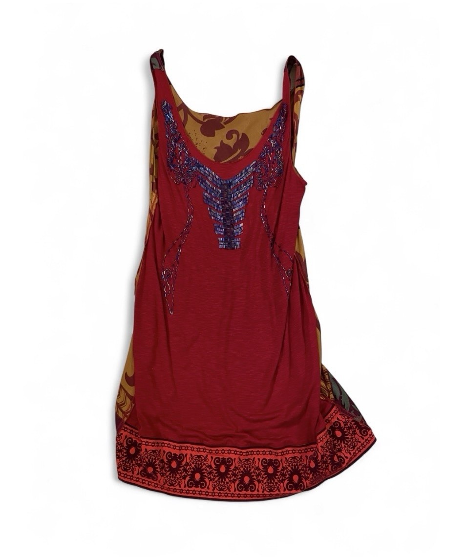 Vintage Beaded Dress Silk Blend Red Mixed Media Rare Deadstock Boho Beads, L