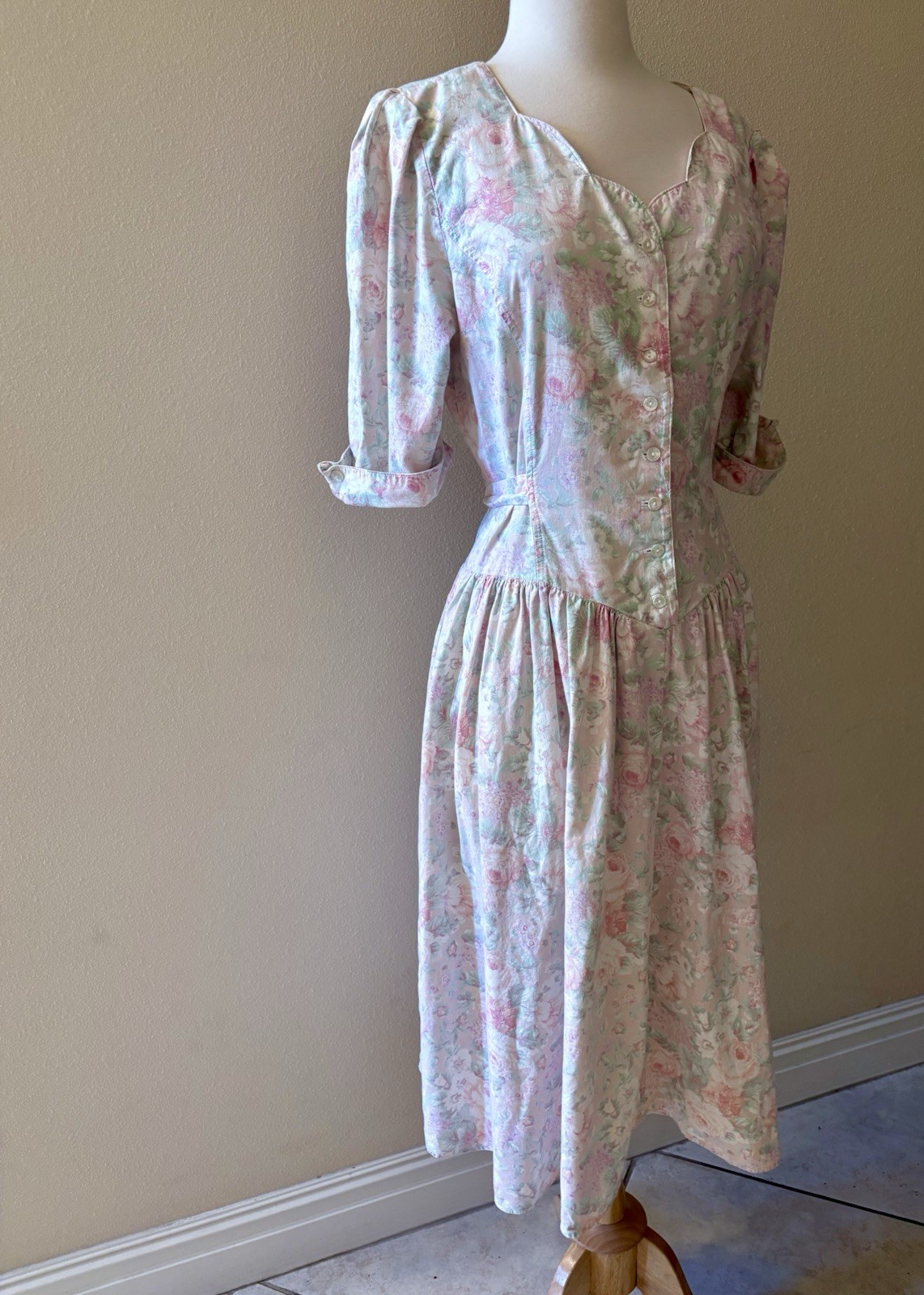 Vintage 80s Midi Dress Pastel Floral Cottagecore Garden Party Tea Dress Size M