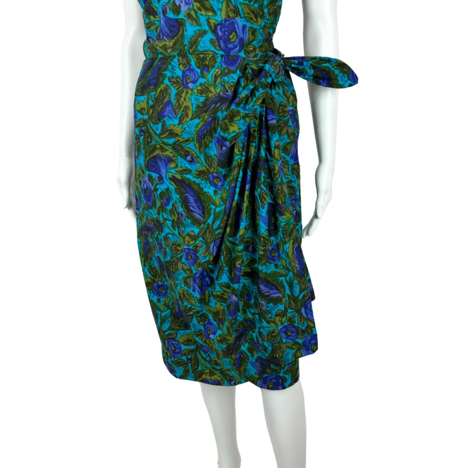 Vintage 1950s Sarong Dress Women’s XS Blue Green Floral Wiggle Hawaiian Tiki