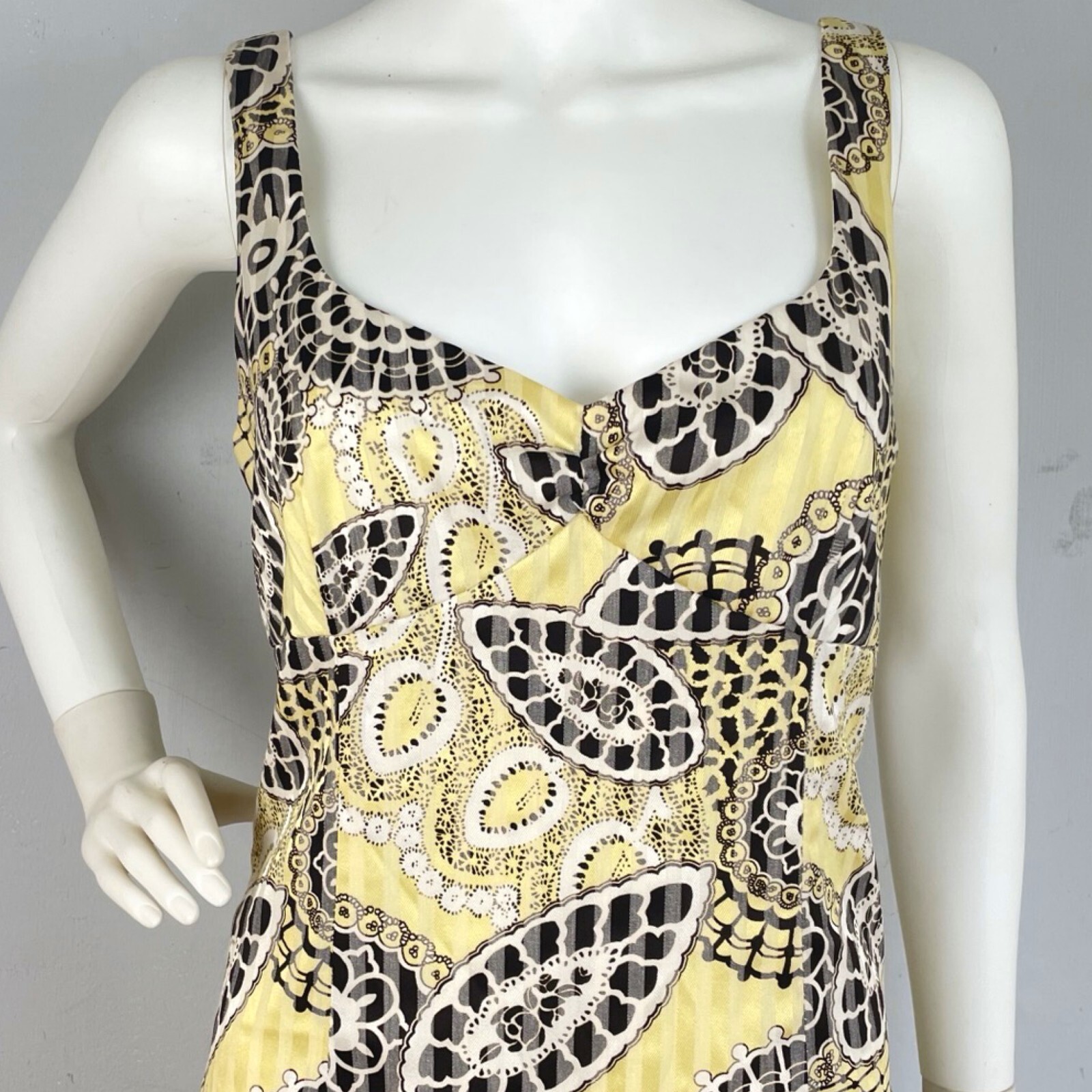 Vintage Alberto Makali Dress Yellow Brown Abstract Cotton Lined Size Medium