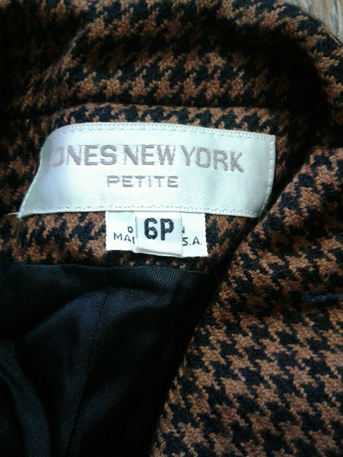 Vintage Jones New York Houndstooth Black Brown Blazer Size 6P(cb38)