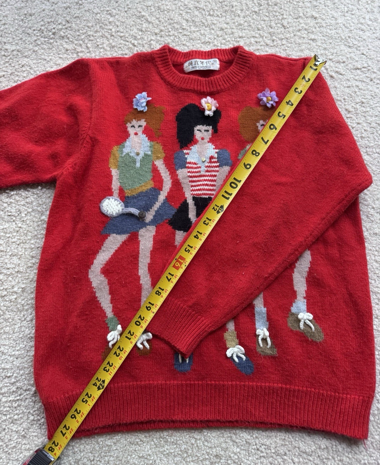Vintage Tennis Women’s Sweater Novelty Knit Red Floral Applique Retro 80s 90s