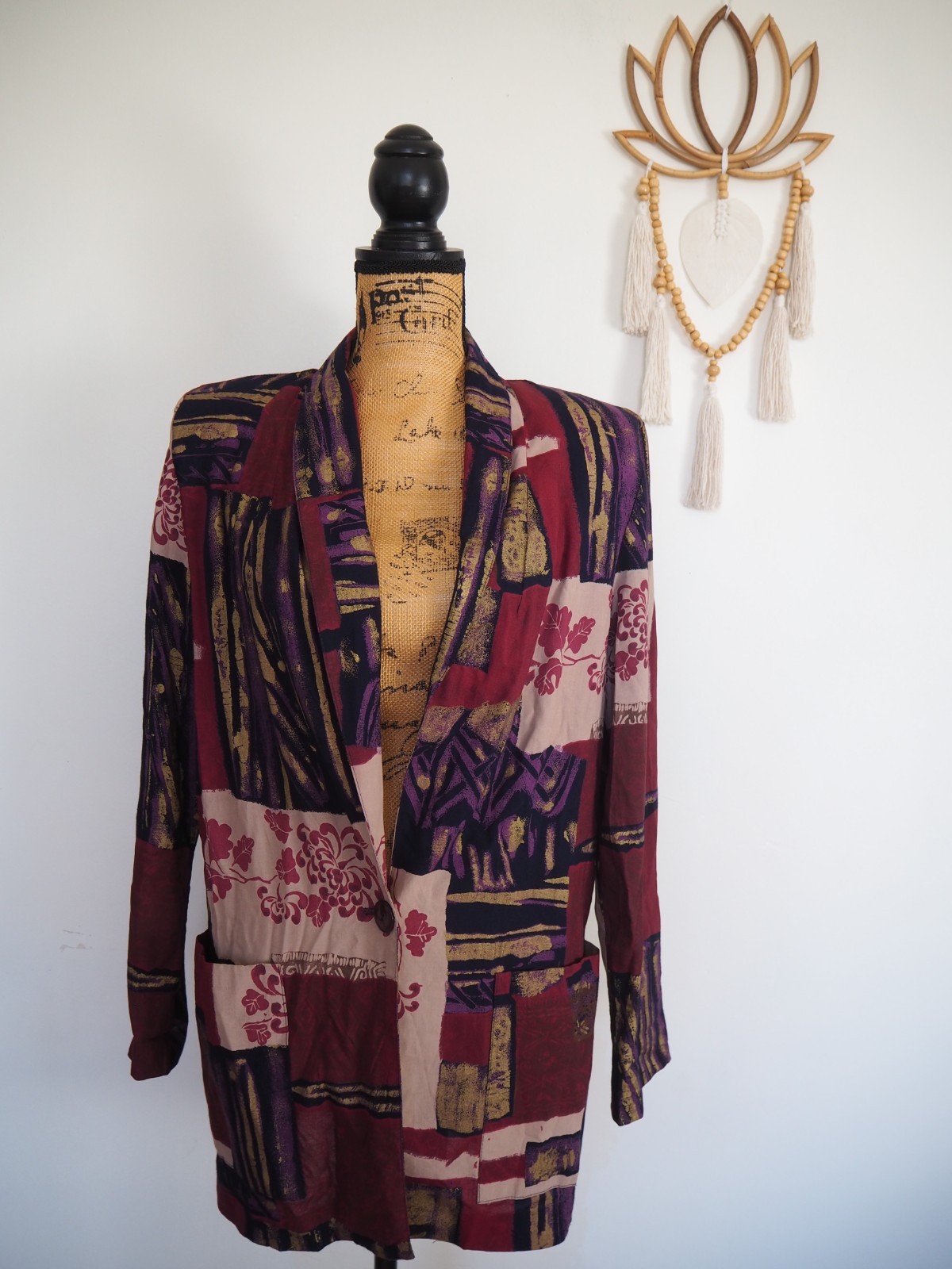 Vtg Kensington Square Purple 90’s Art Deco Patchwork Blazer Sz Med US Made