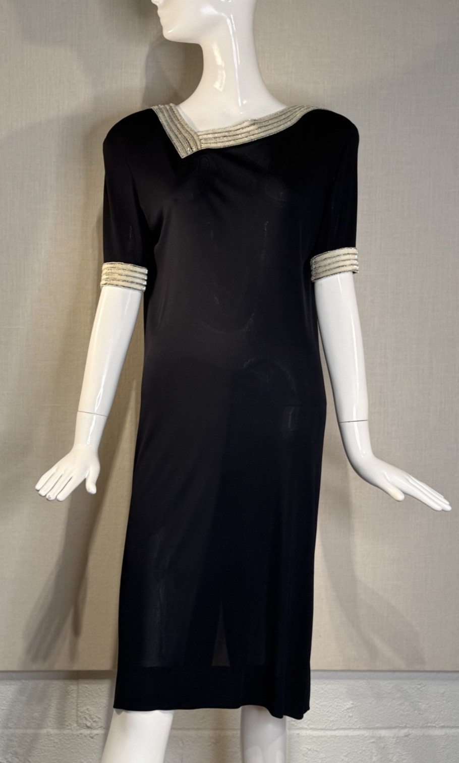 JEAN MUIR * DEEP NAVY Slinky Rayon Knit Cocktail Dress UK 14 US12 , VTG 1980s