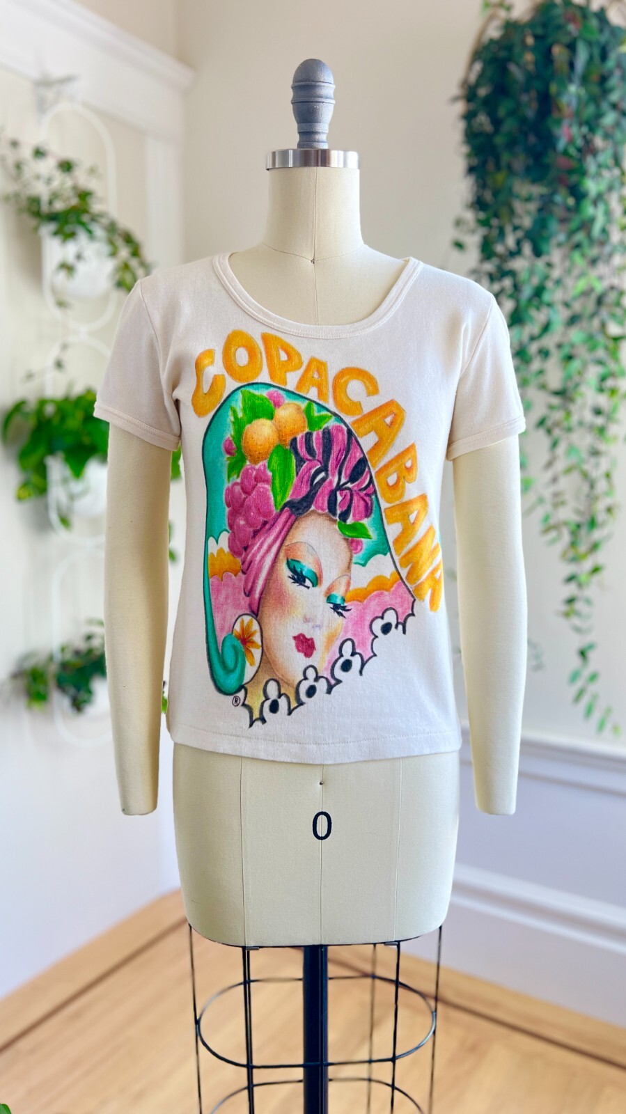 Vintage 1970s 70s Hand Painted Copacabana Carmen Miranda Wearable Art Tshirt Tee