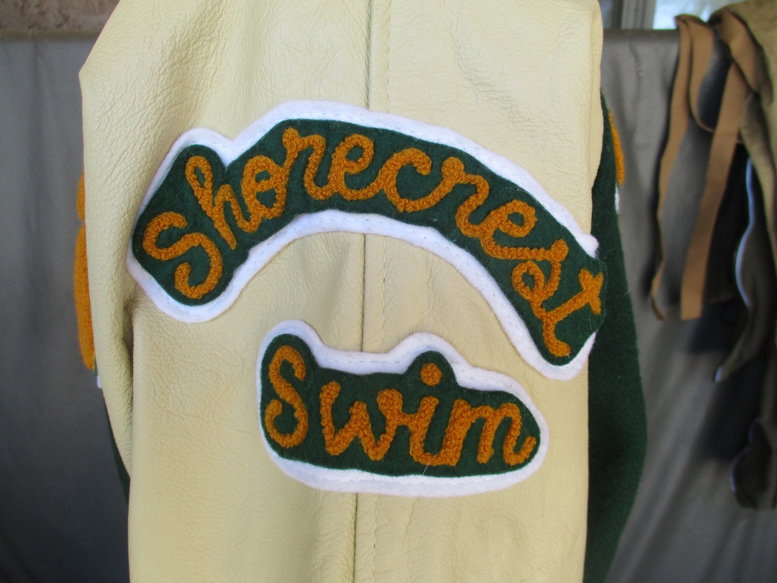 Shorecrest High School Letterman Varsity Jacket, Swimming, Leather Sleeves
