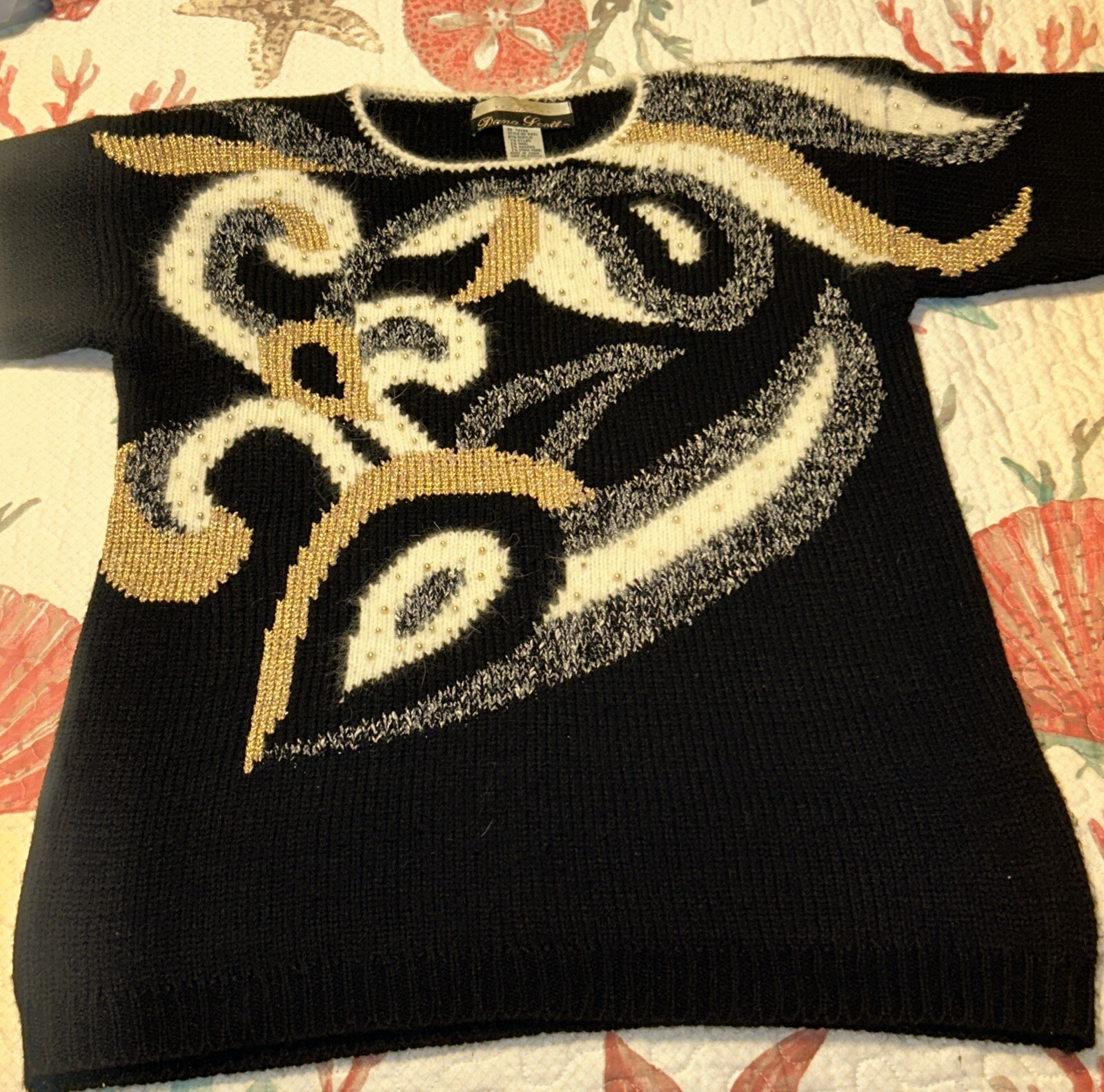 Dana Scott Womens S Vintage Sweater Black & Cream Gold Beads Party Holiday